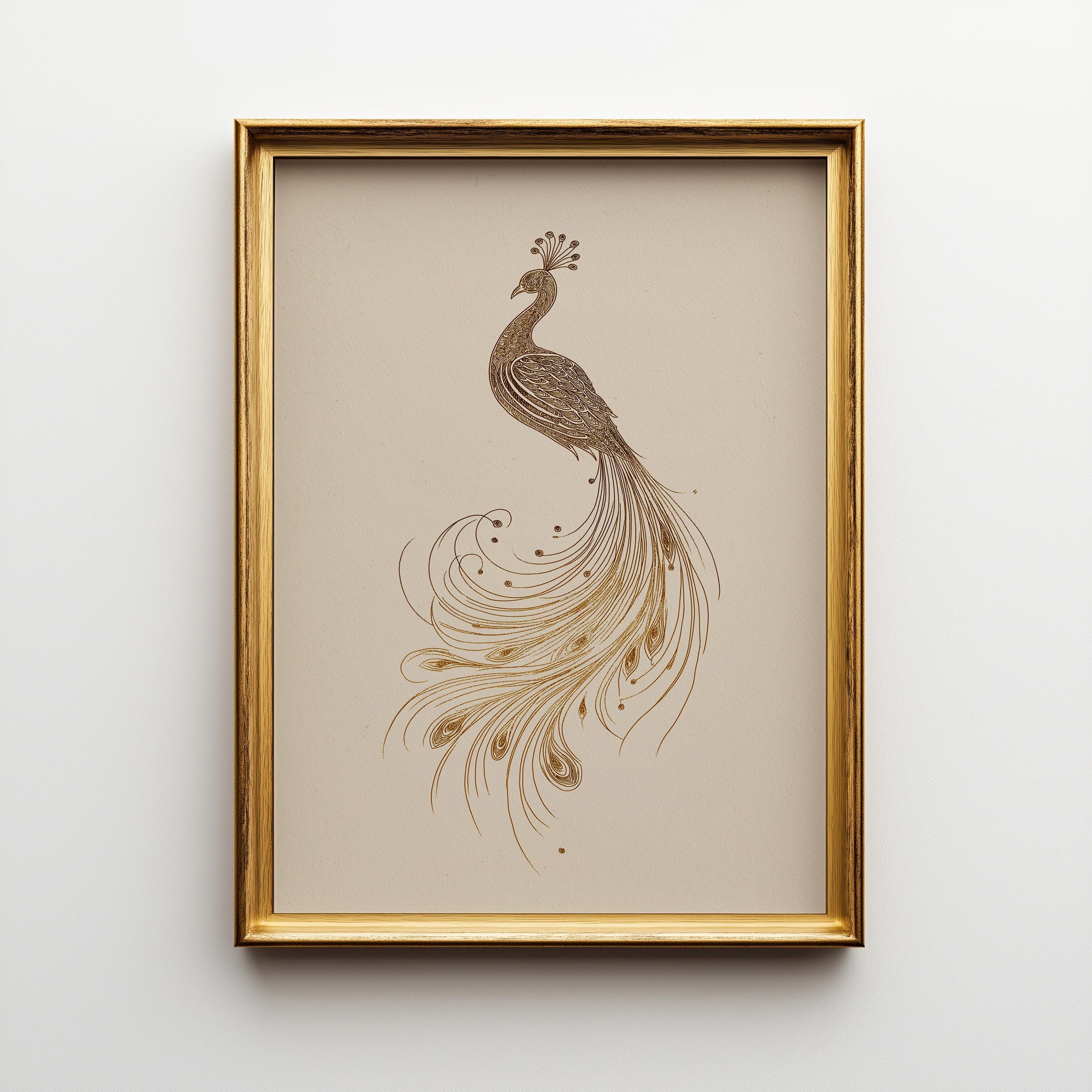 Minimalist Peacock Line Art Elegant Gold Bird Wall Art by The Wall Art Studio - physical