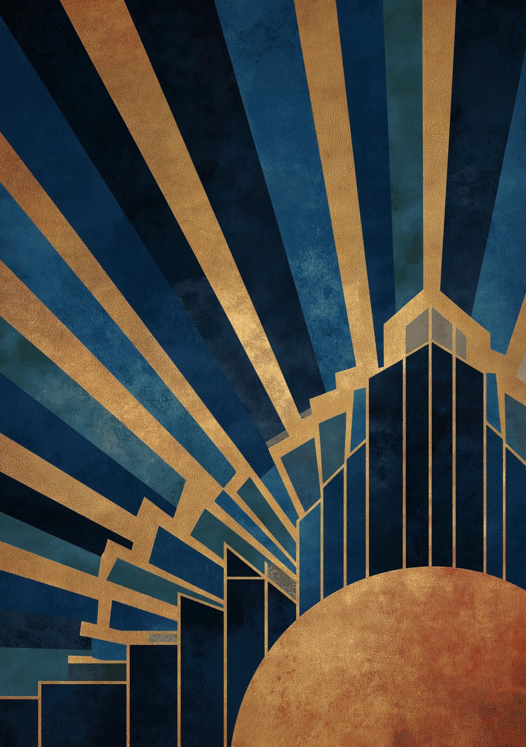 Navy & Gold Art Deco Sunburst Geometric Wall Art by The Wall Art Studio