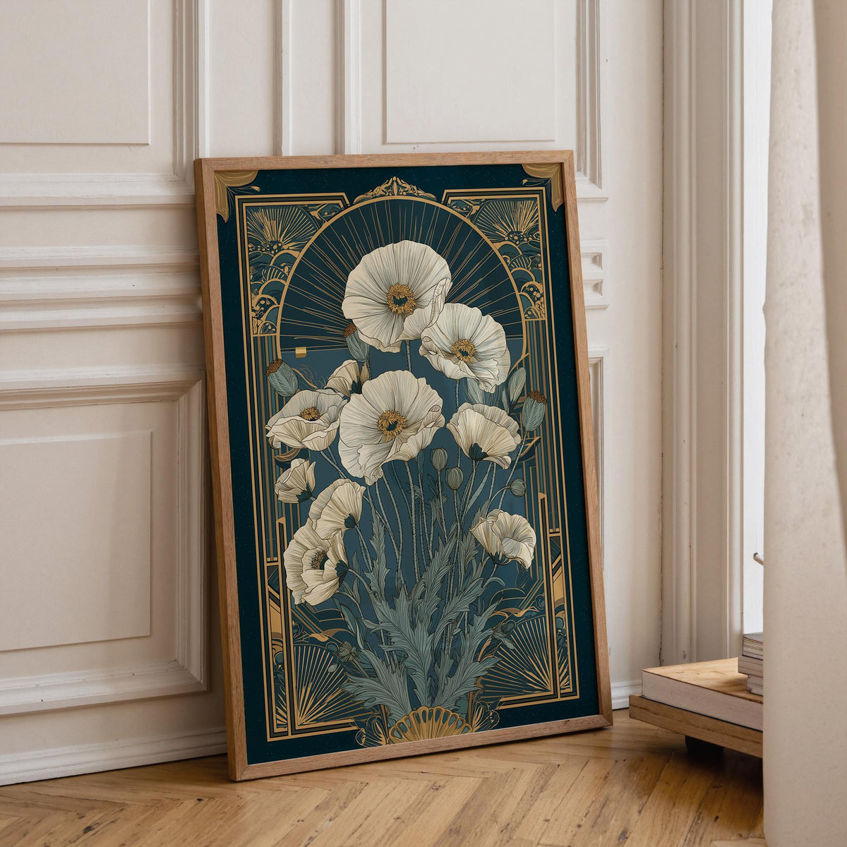 Navy Blue & Gold Art Deco Vintage Botanical Luxury Floral Wall Art