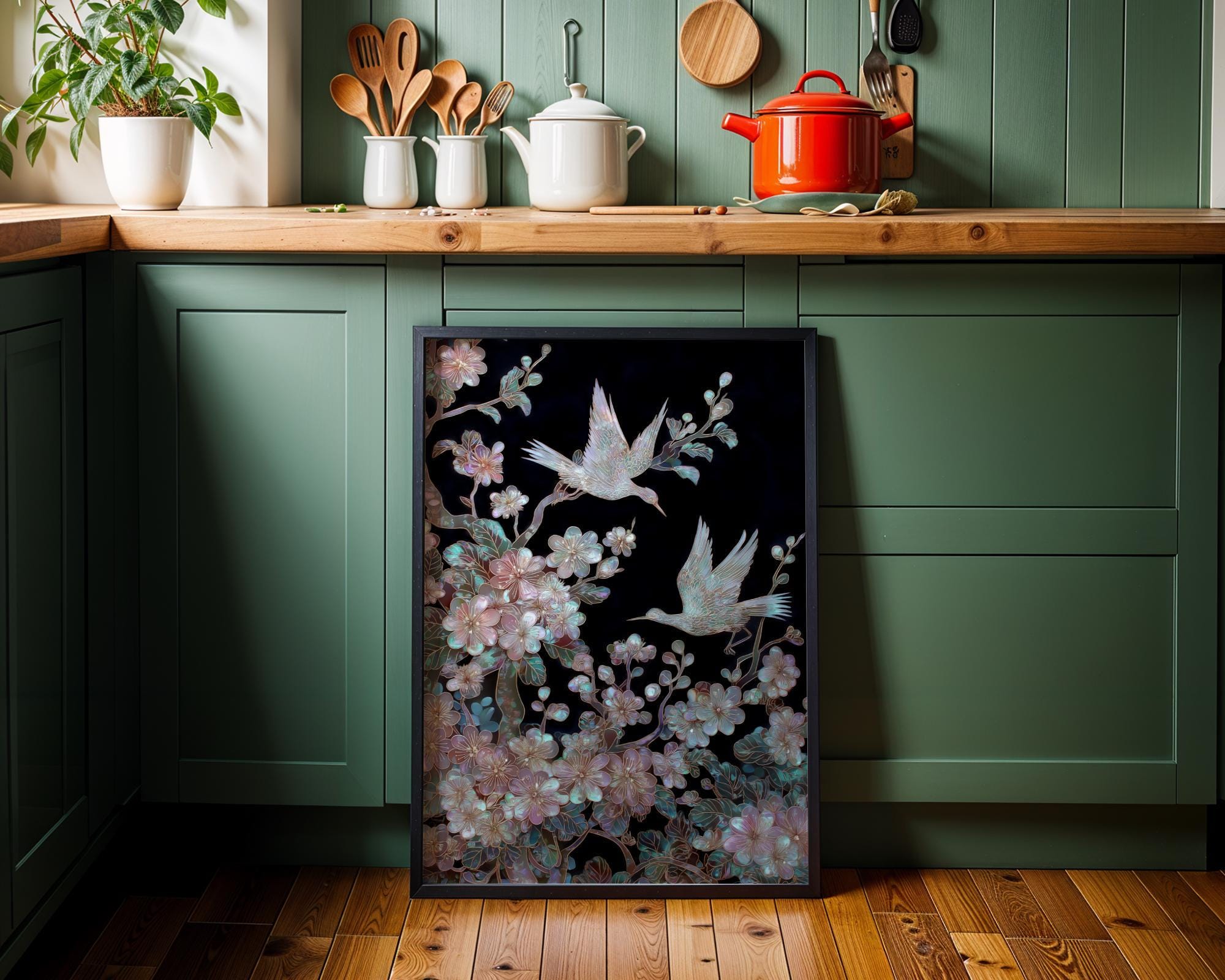 Japanese Crane Cherry Blossom Elegant Oriental Mother of Pearl Style Wall Art