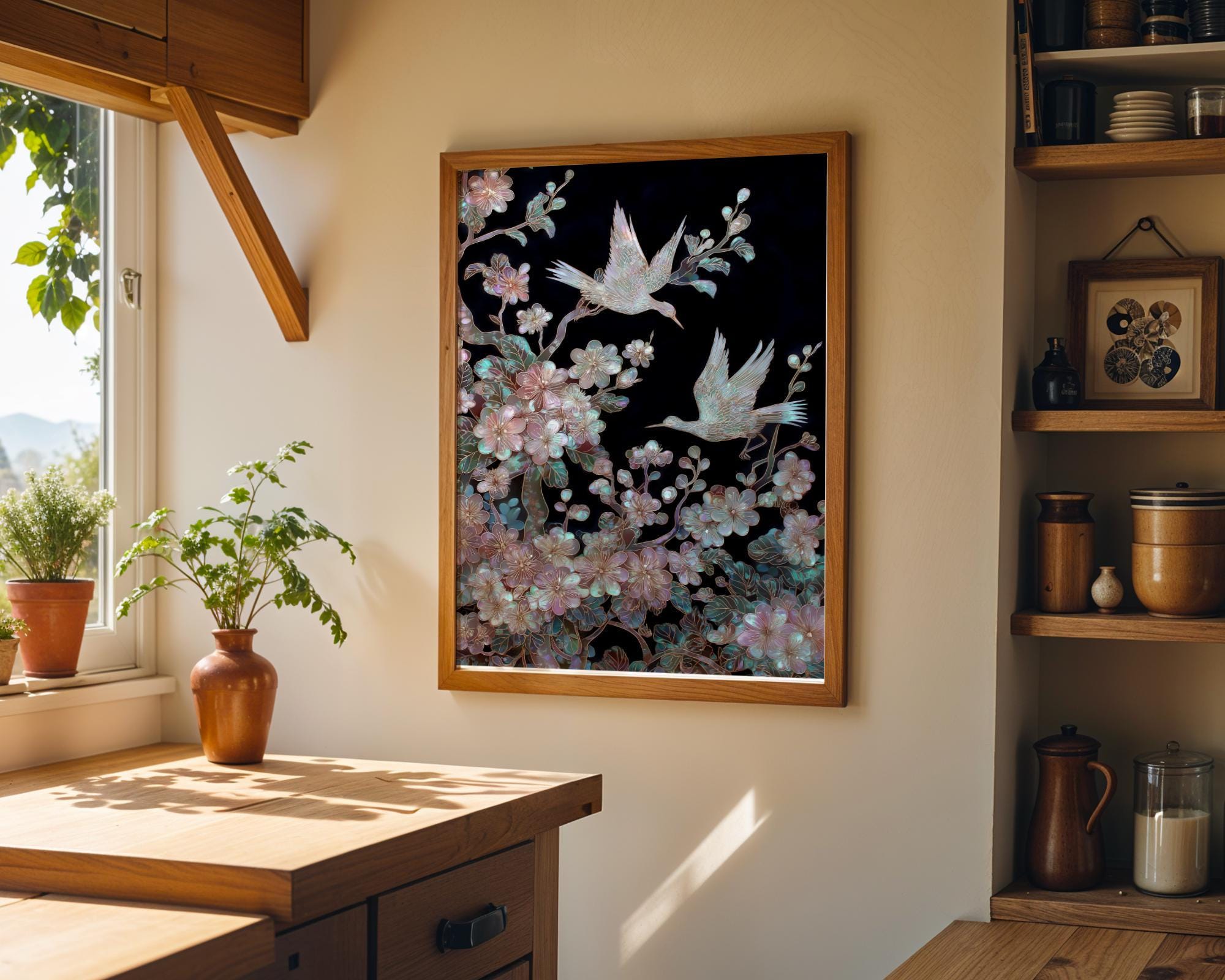 Japanese Crane Cherry Blossom Elegant Oriental Mother of Pearl Style Wall Art