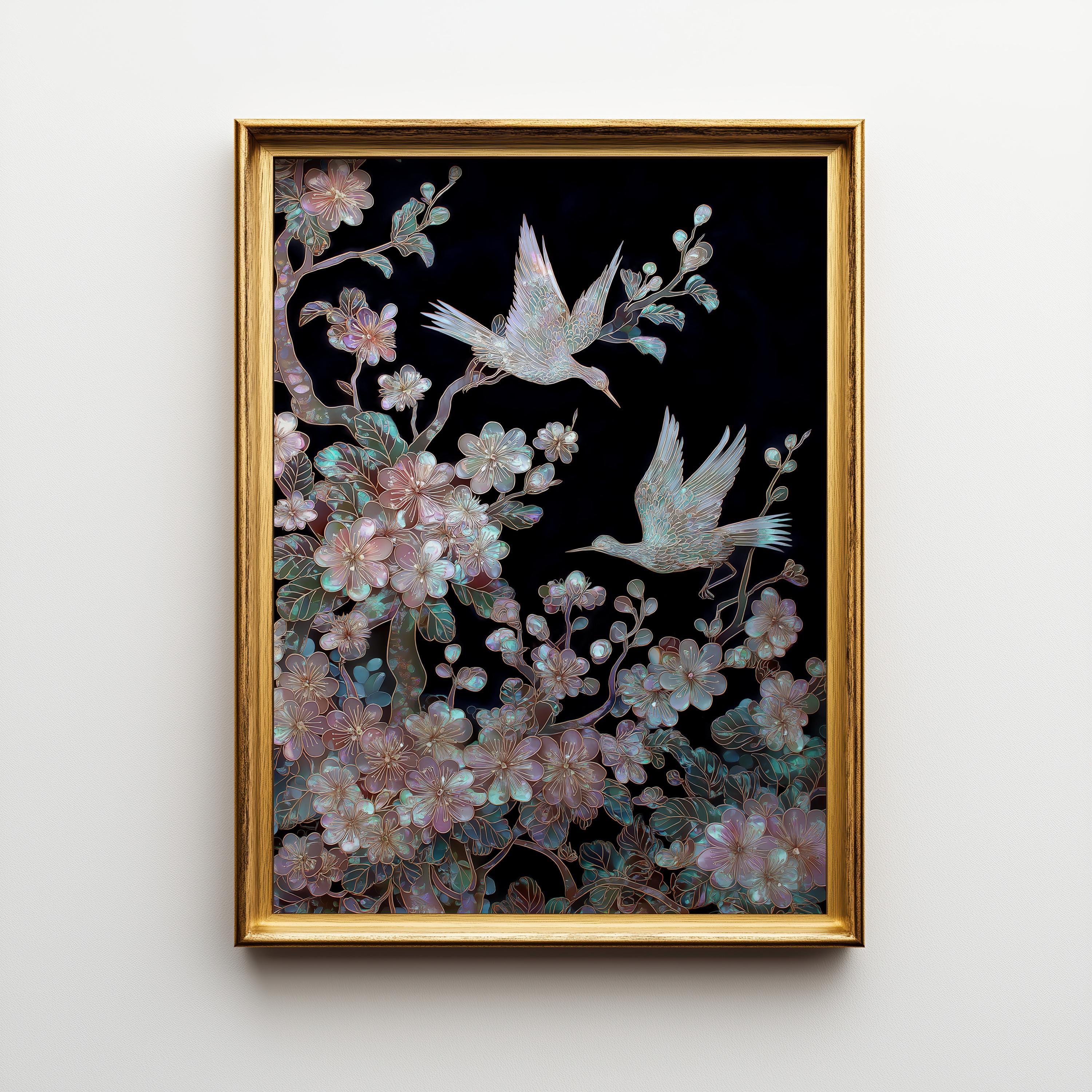 Japanese Crane Cherry Blossom Elegant Oriental Mother of Pearl Style Wall Art