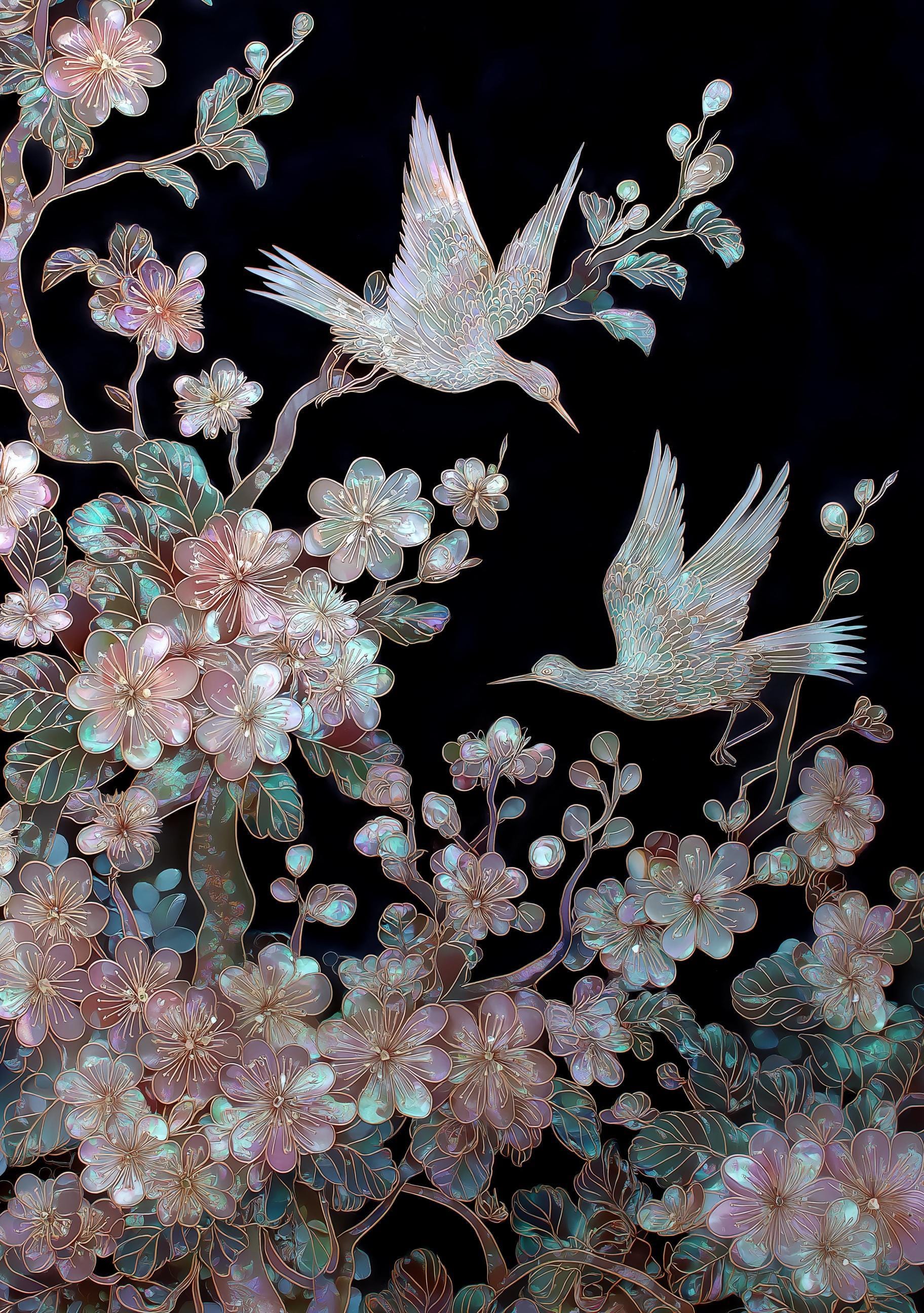 Japanese Crane Cherry Blossom Elegant Oriental Mother of Pearl Style Wall Art