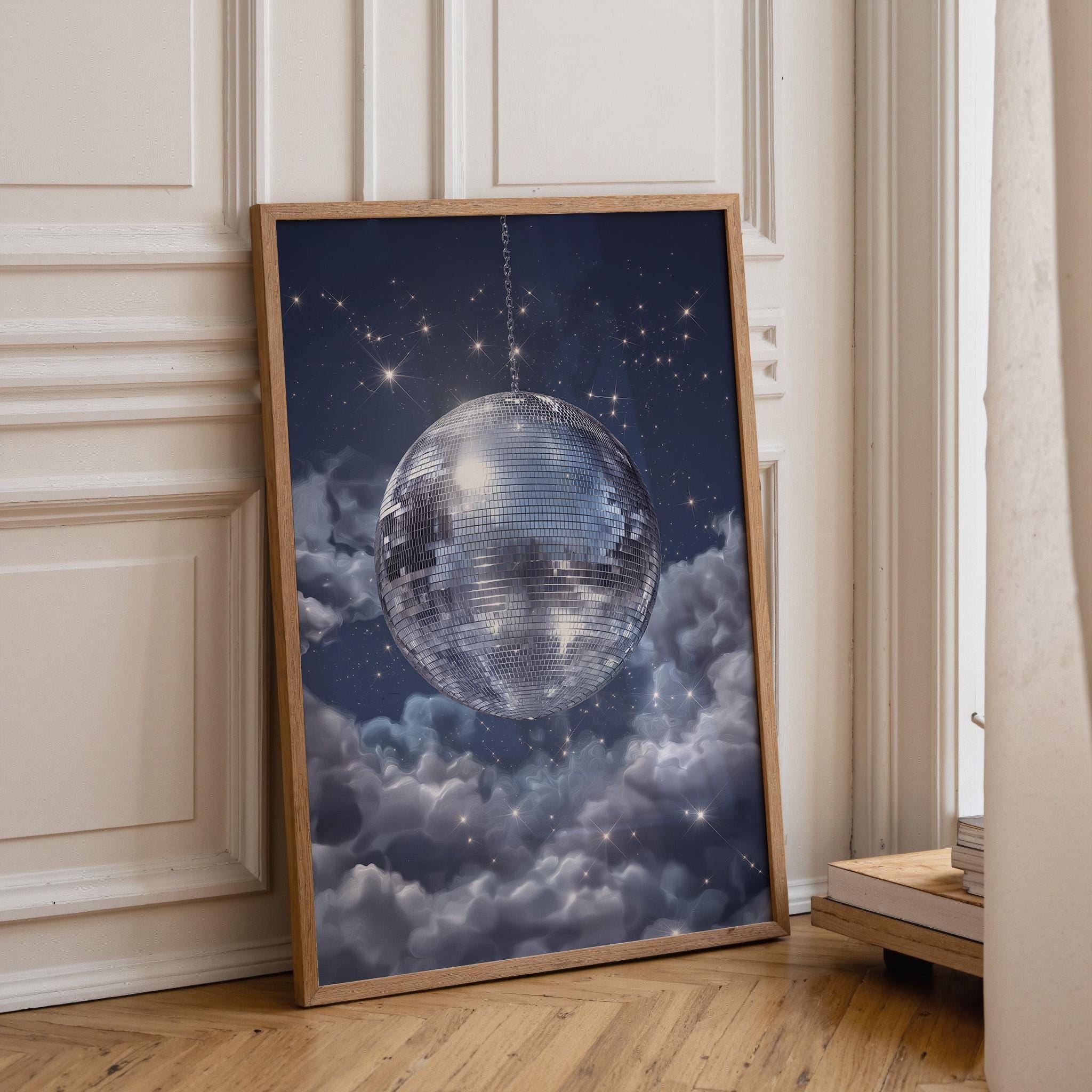 Celestial Disco Ball Midnight Sky Retro Blue Wall Art by The Wall Art Studio