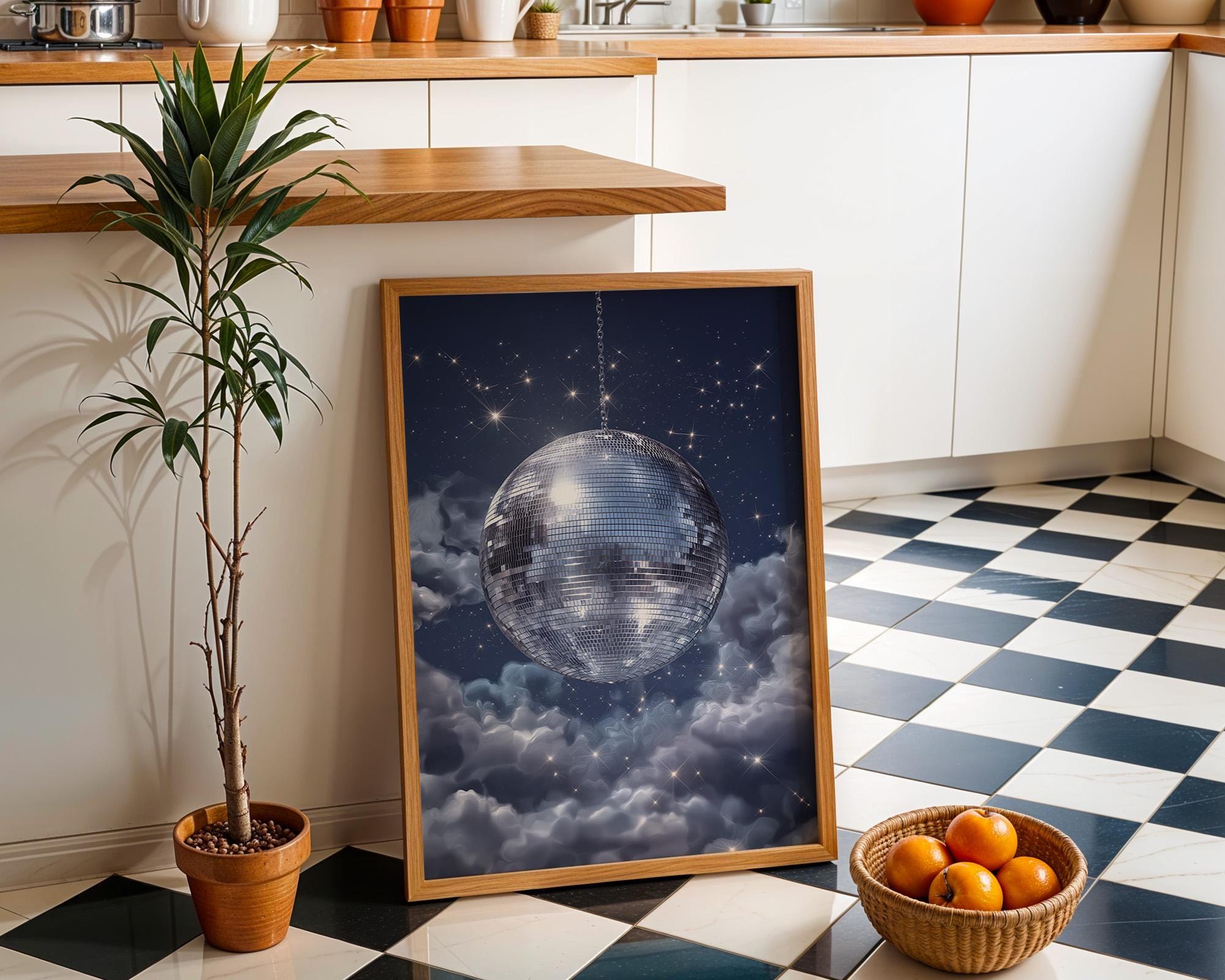 Celestial Disco Ball Midnight Sky Retro Blue Wall Art by The Wall Art Studio