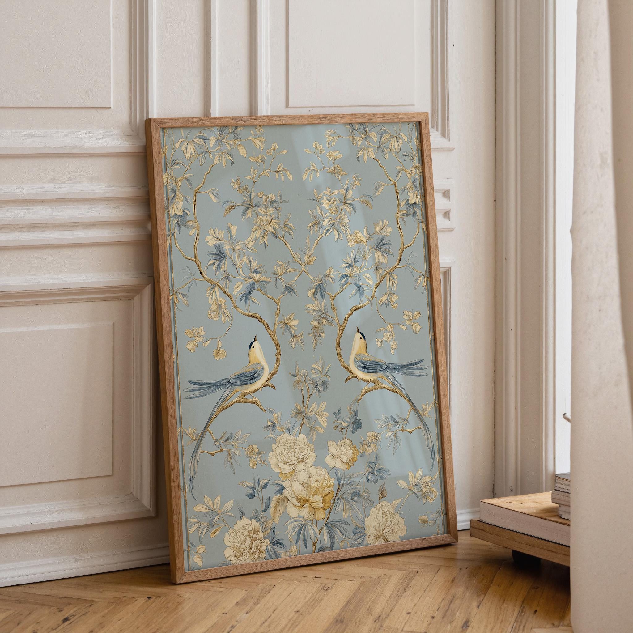 Chinoiserie Bird Blue & Gold Floral Asian Inspired Wall Art by The Wall Art Studio - physical