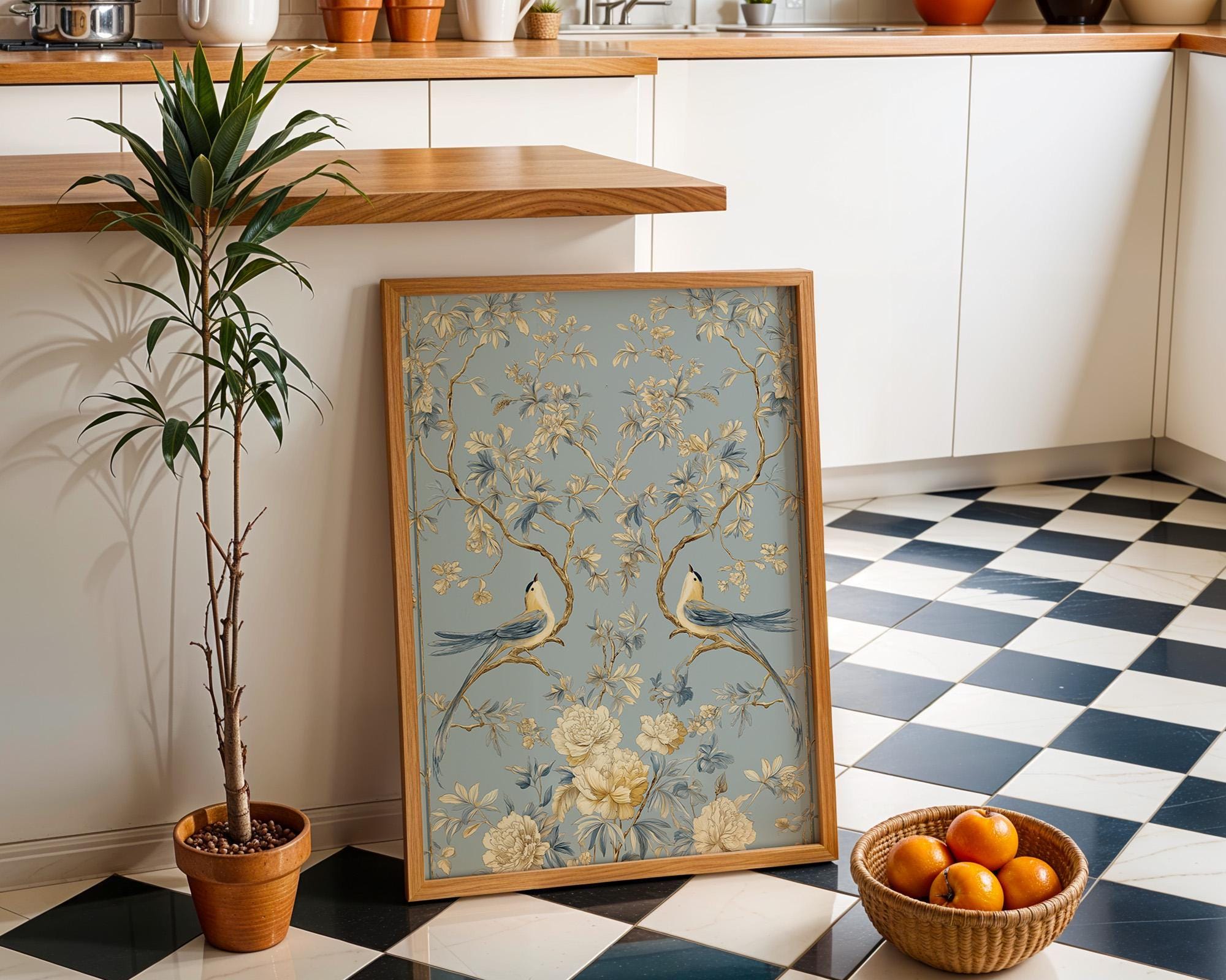 Chinoiserie Bird Blue & Gold Floral Asian Inspired Wall Art by The Wall Art Studio - physical