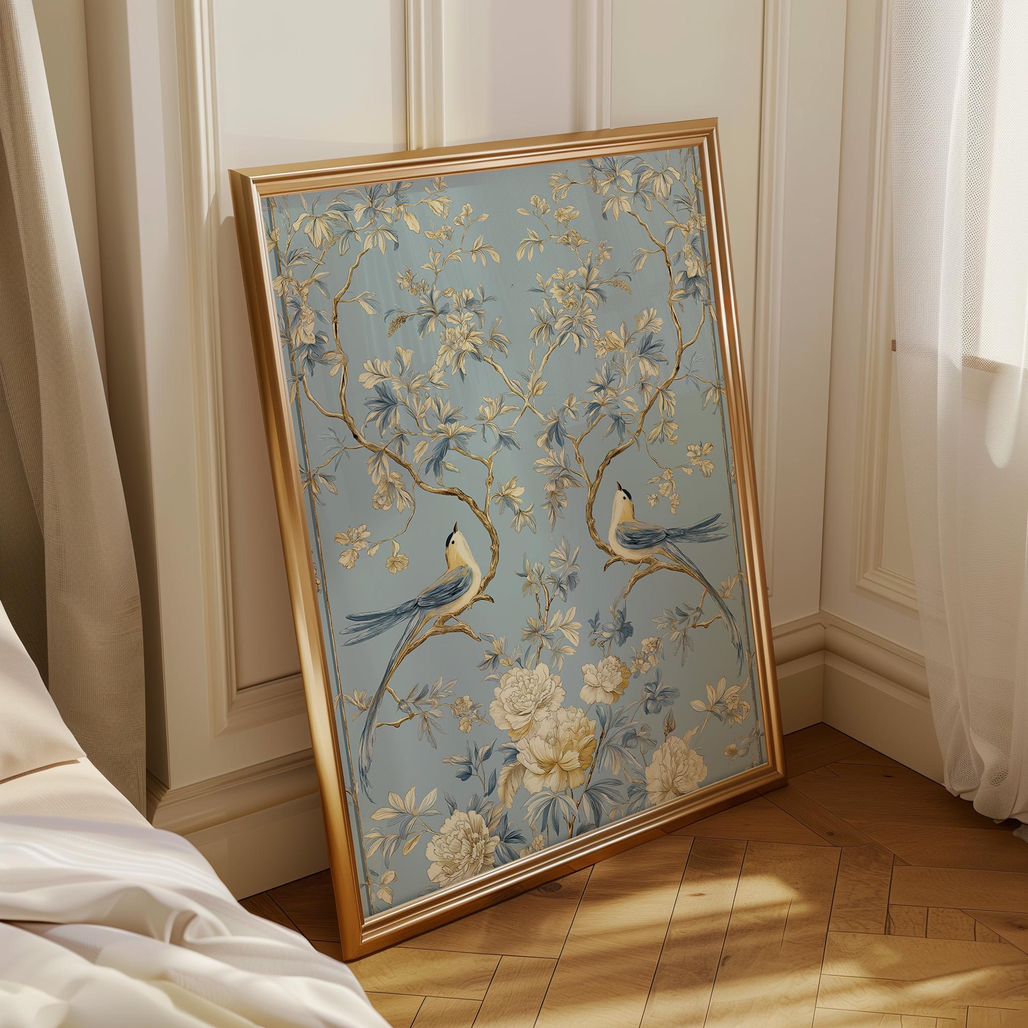 Chinoiserie Bird Blue & Gold Floral Asian Inspired Wall Art by The Wall Art Studio - physical