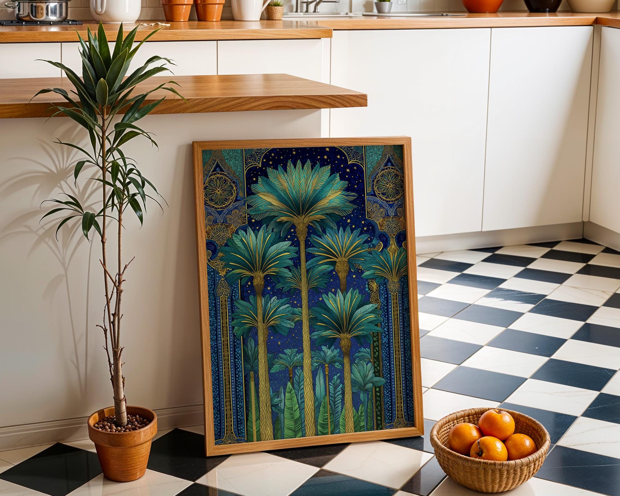 Islamic Palm Tree Blue & Gold Moroccan Night Landscape Wall Art by The Wall Art Studio