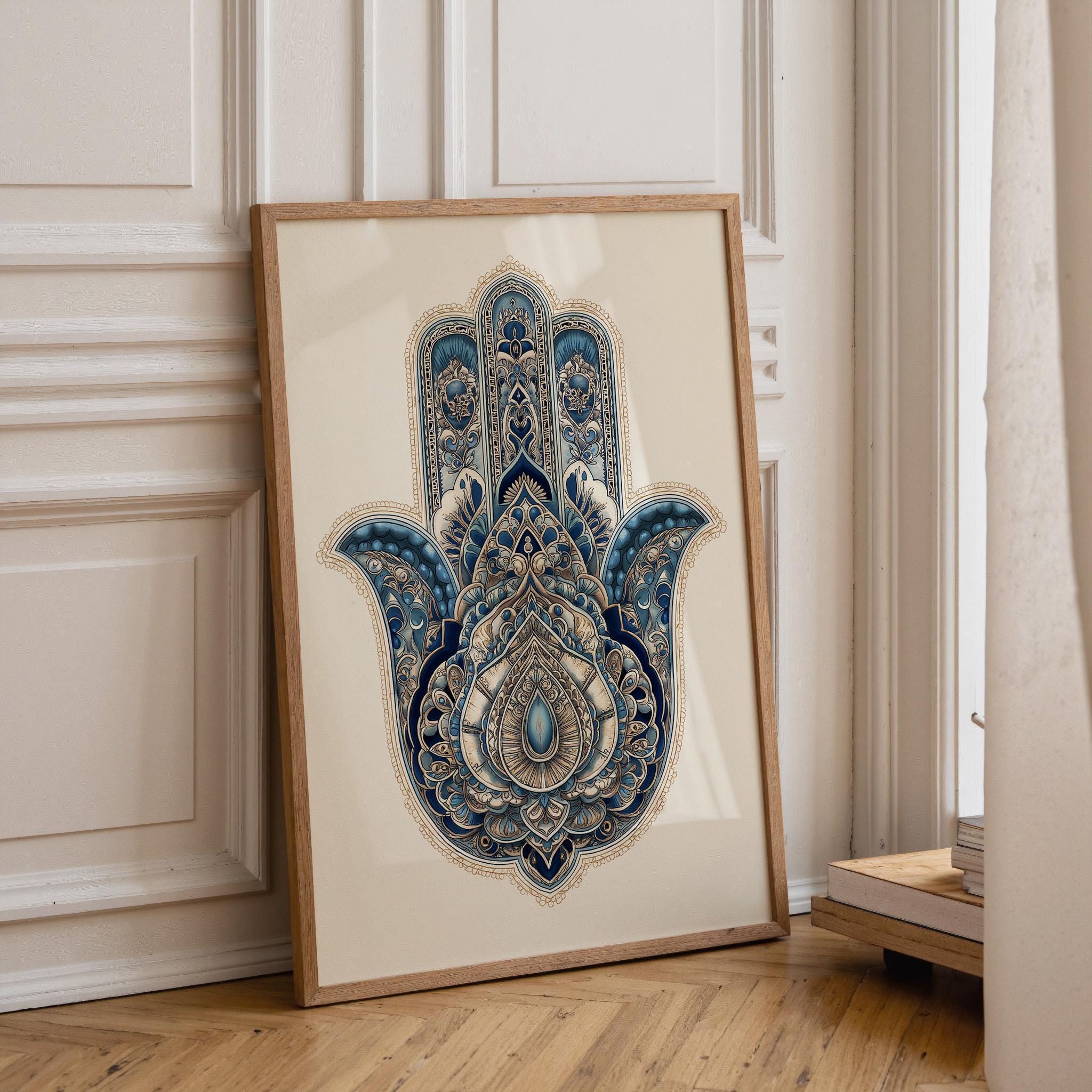 Intricate Blue Hamsa Jewish Home Blessing Wall Art by The Wall Art Studio