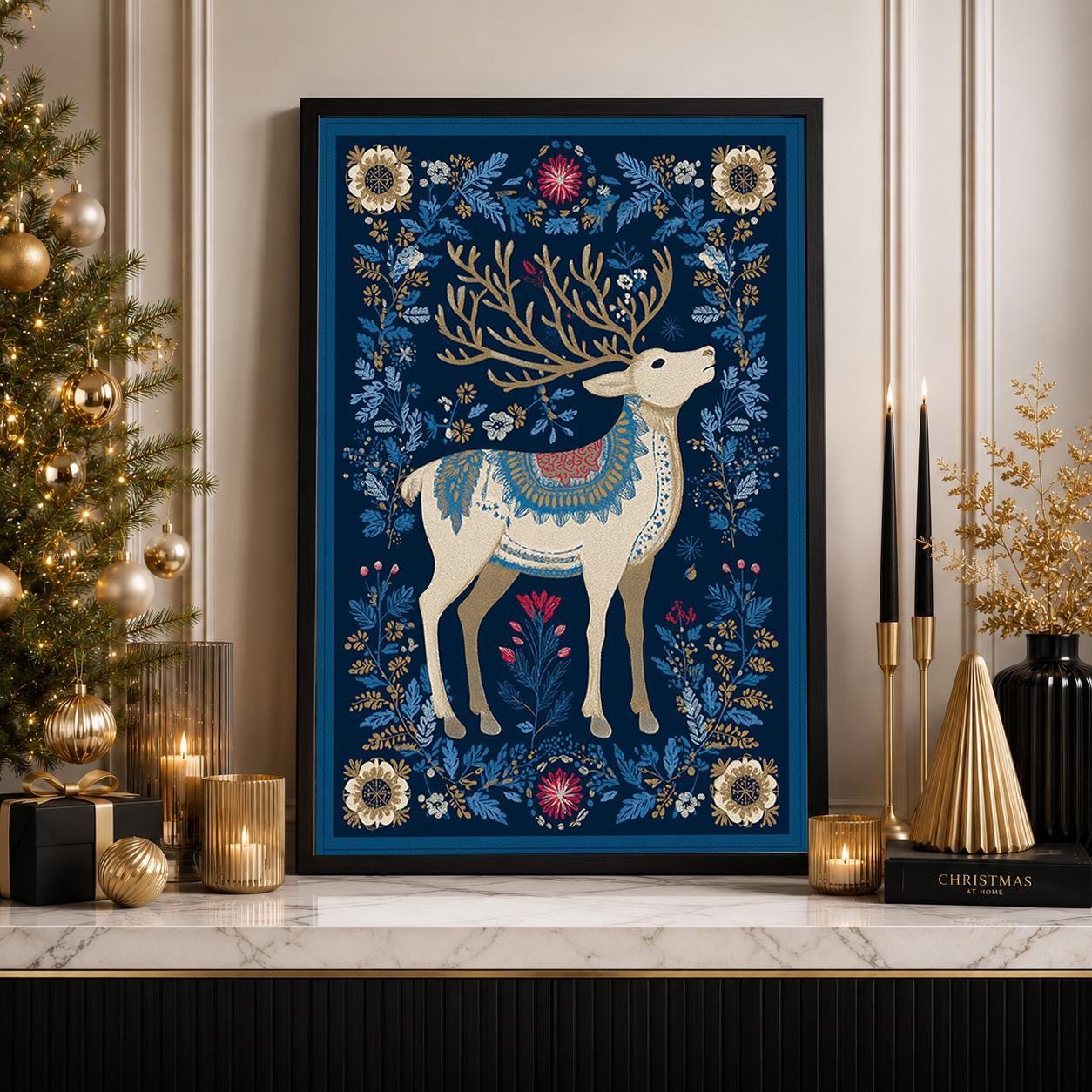 Scandinavian Christmas Nordic Reindeer Woodland Winter Wall Art by The Wall Art Studio