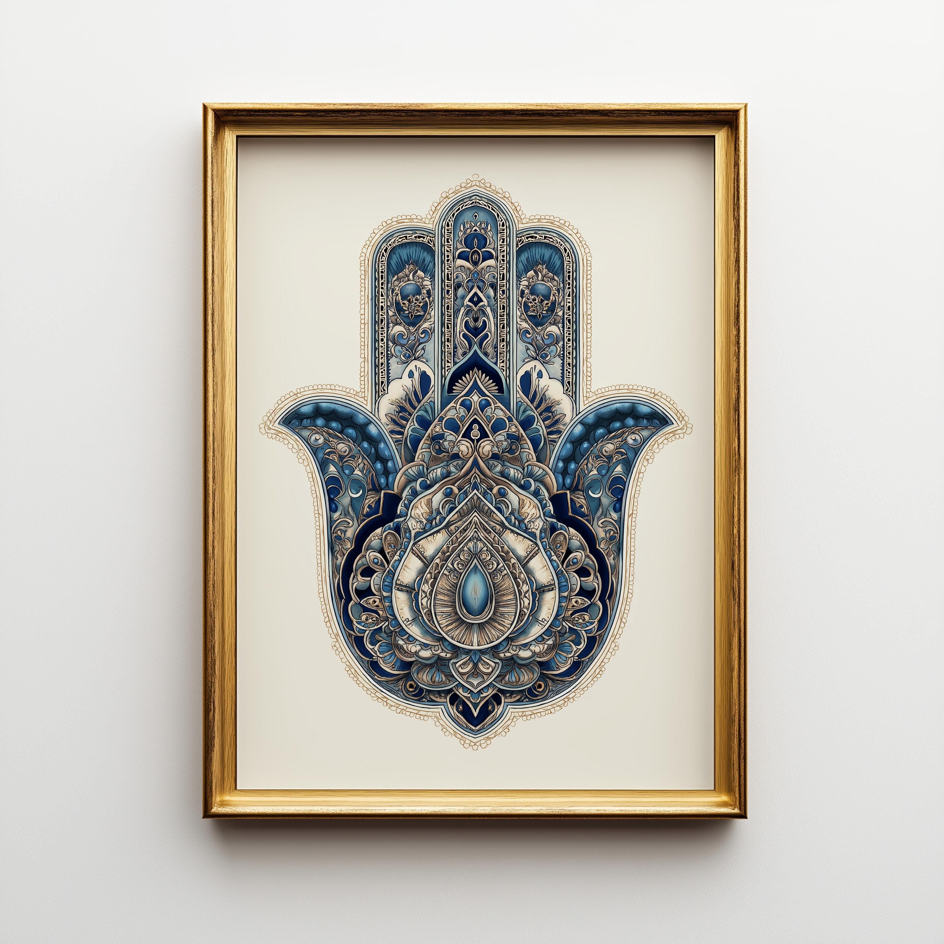 Intricate Blue Hamsa Jewish Home Blessing Wall Art by The Wall Art Studio