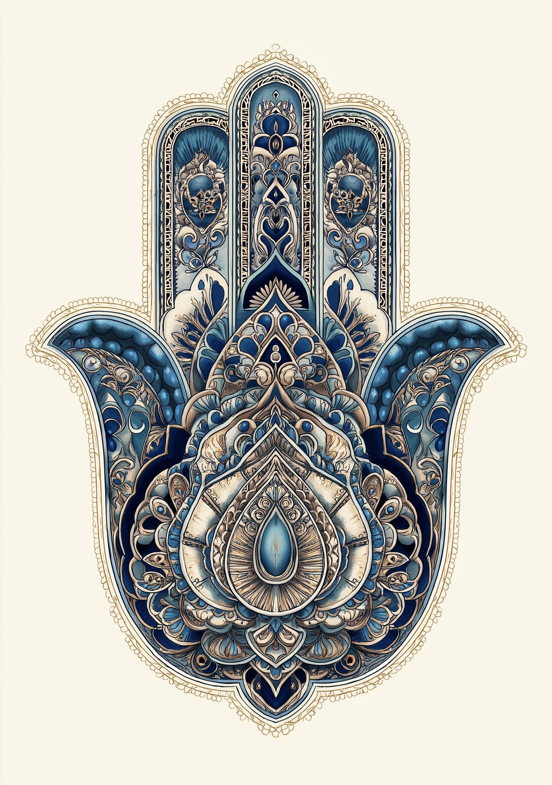 Intricate Blue Hamsa Jewish Home Blessing Wall Art by The Wall Art Studio
