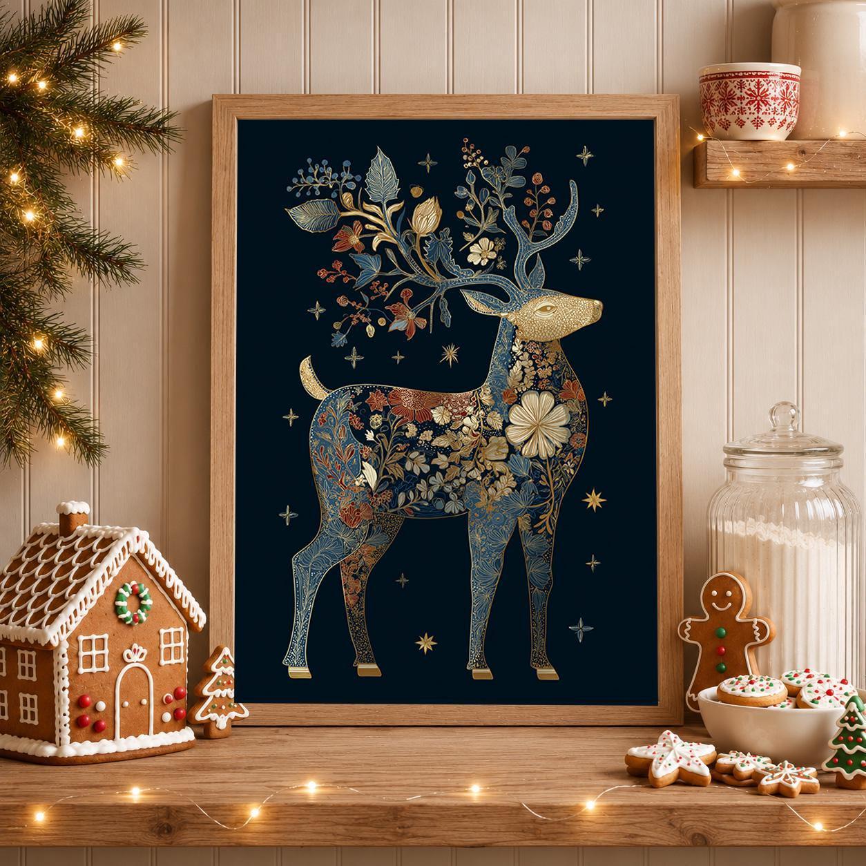 Blue & Gold Luxury Scandinavian Deer Christmas Reindeer Wall Art by The Wall Art Studio