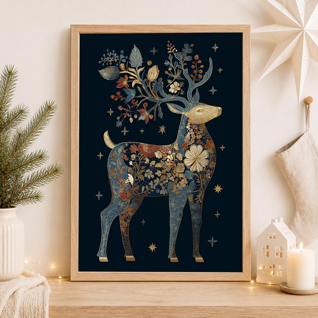 Blue & Gold Luxury Scandinavian Deer Christmas Reindeer Wall Art by The Wall Art Studio
