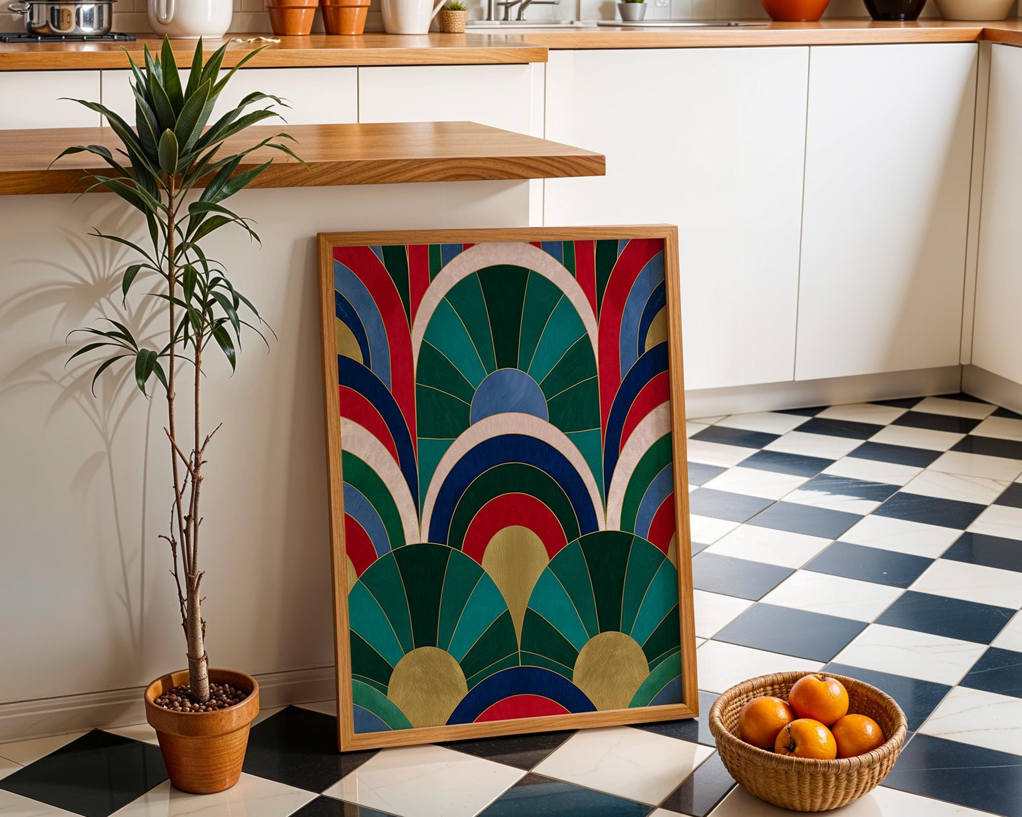 Emerald Green, Blue & Gold Abstract Art Deco Geometric Fan Wall Art by The Wall Art Studio