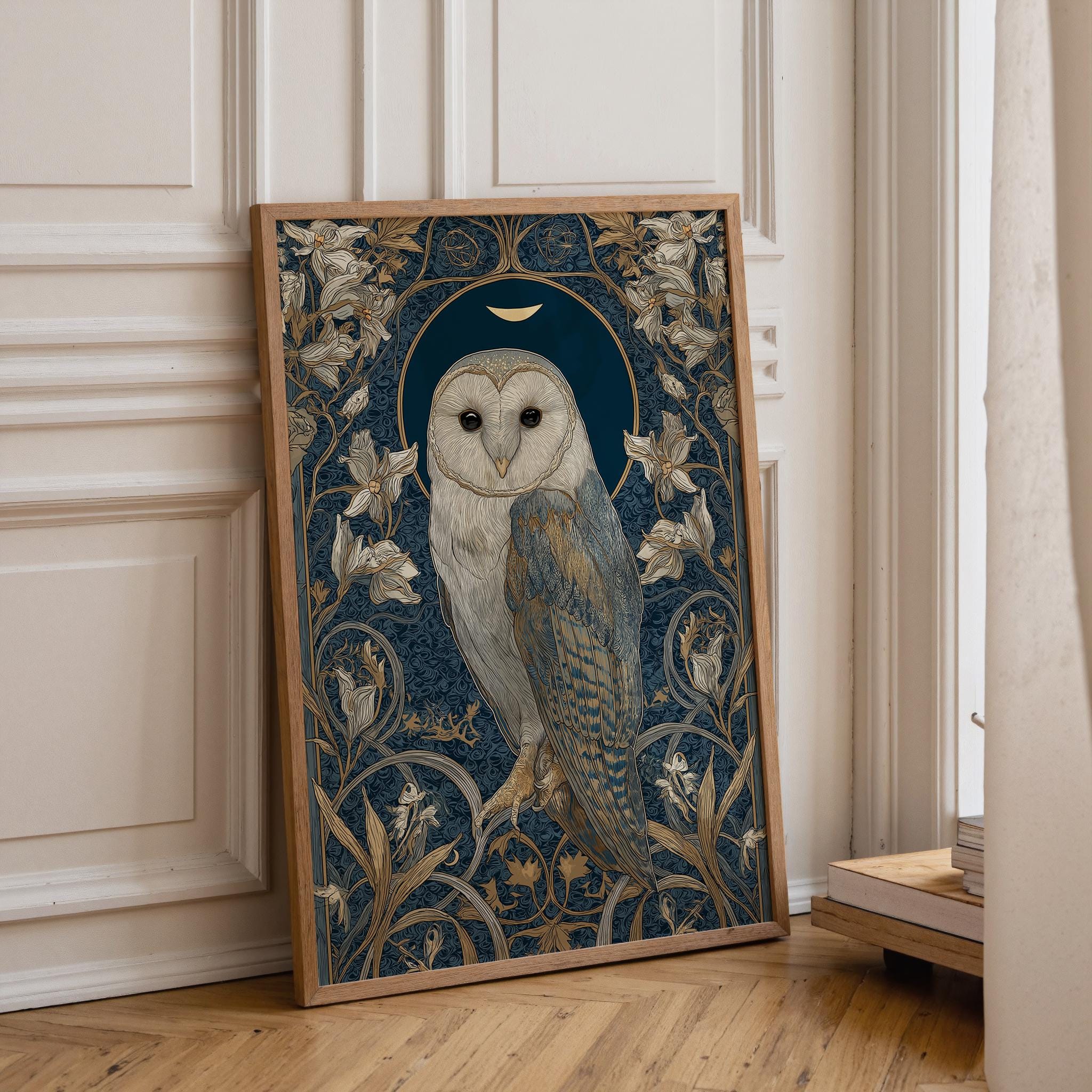 Art Nouveau Barn Owl Botanical William Morris Style Wall Art