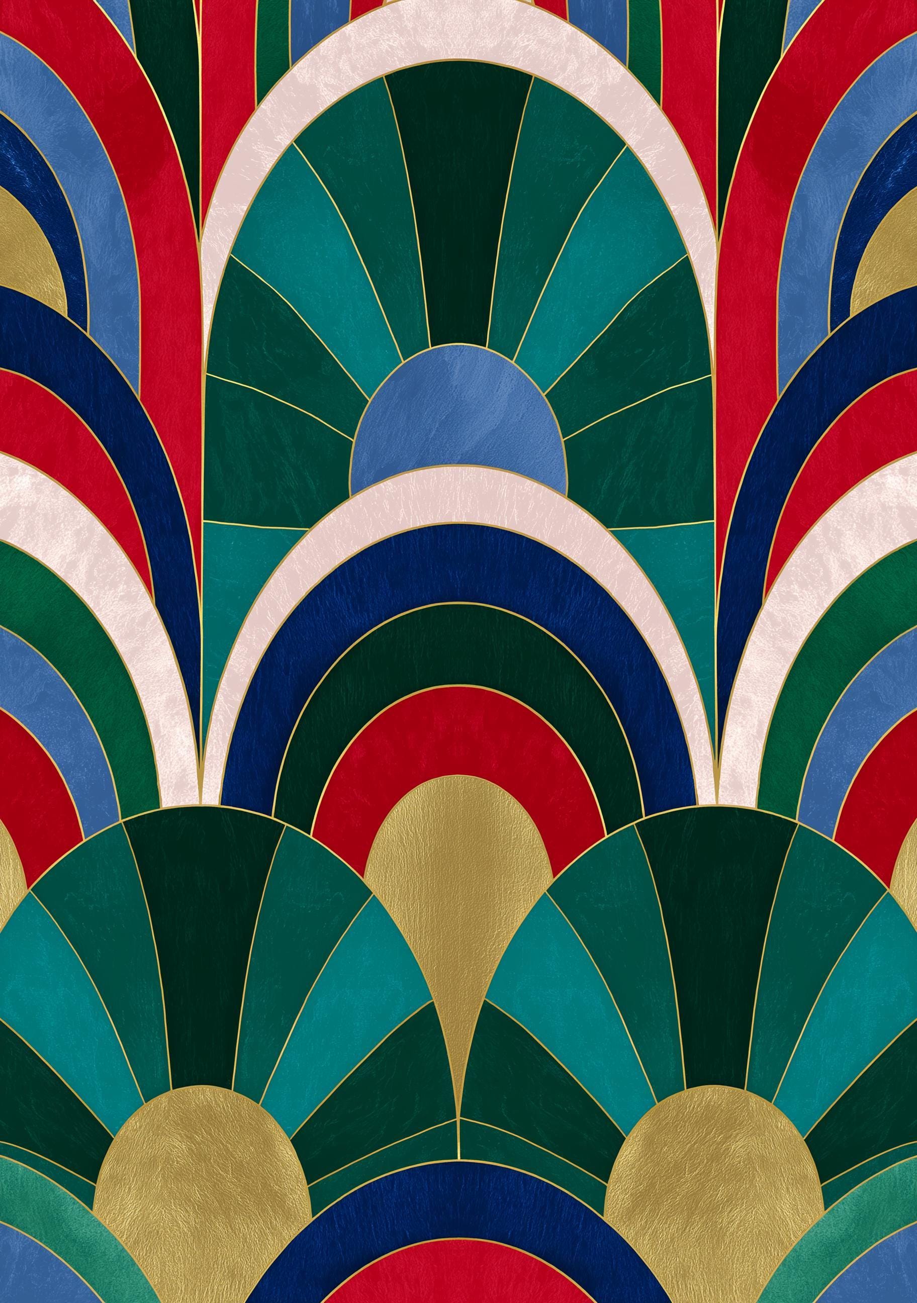 Emerald Green, Blue & Gold Abstract Art Deco Geometric Fan Wall Art by The Wall Art Studio