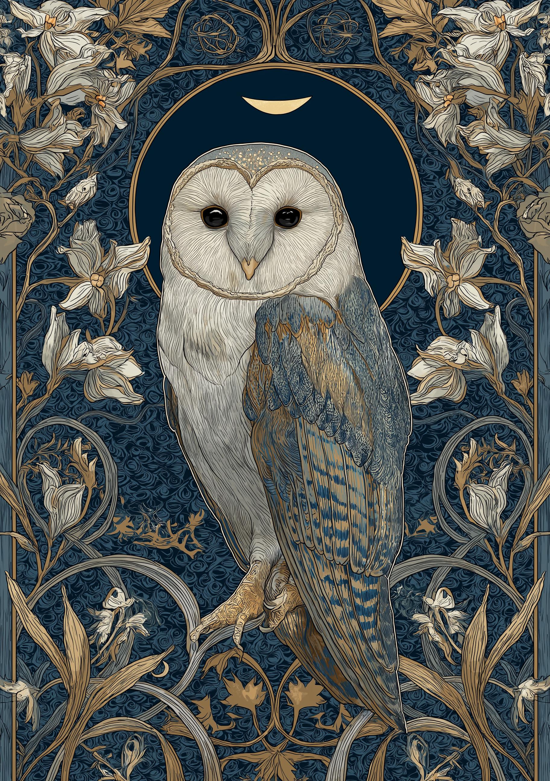 Art Nouveau Barn Owl Botanical William Morris Style Wall Art