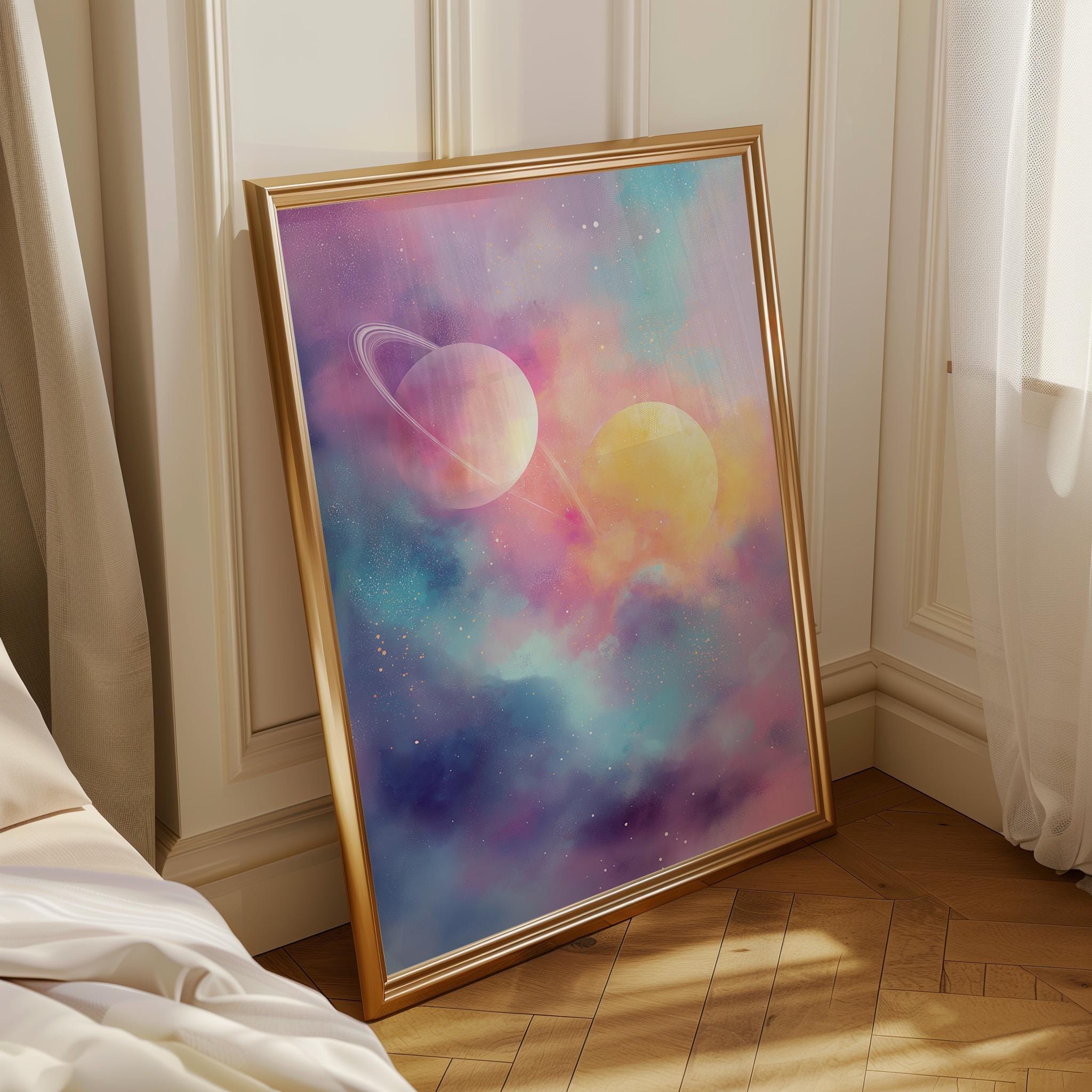 Pastel Space Dreamy Galaxy Planet Celestial Wall Art by The Wall Art Studio