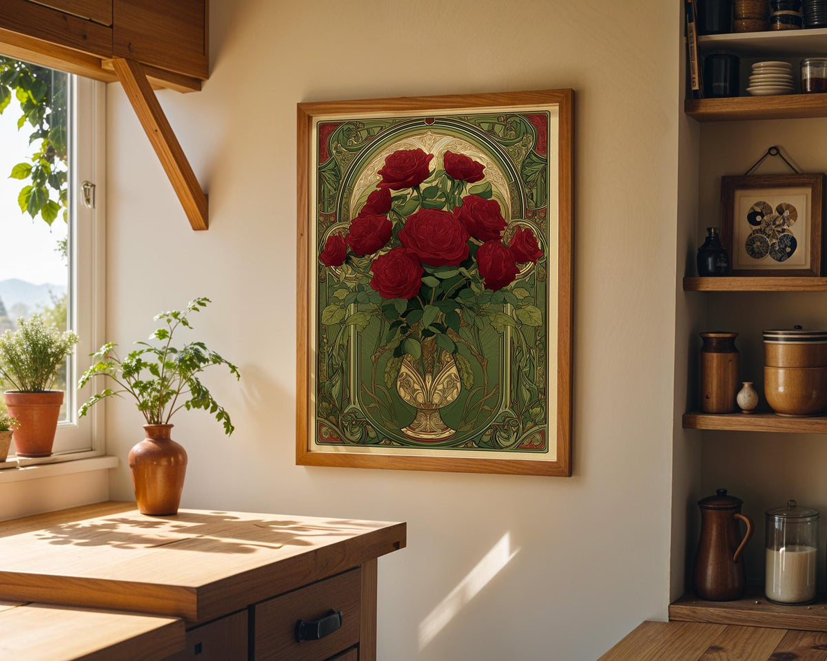 Art Nouveau Red Rose Vintage Floral Antique Style Wall Art by The Wall Art Studio