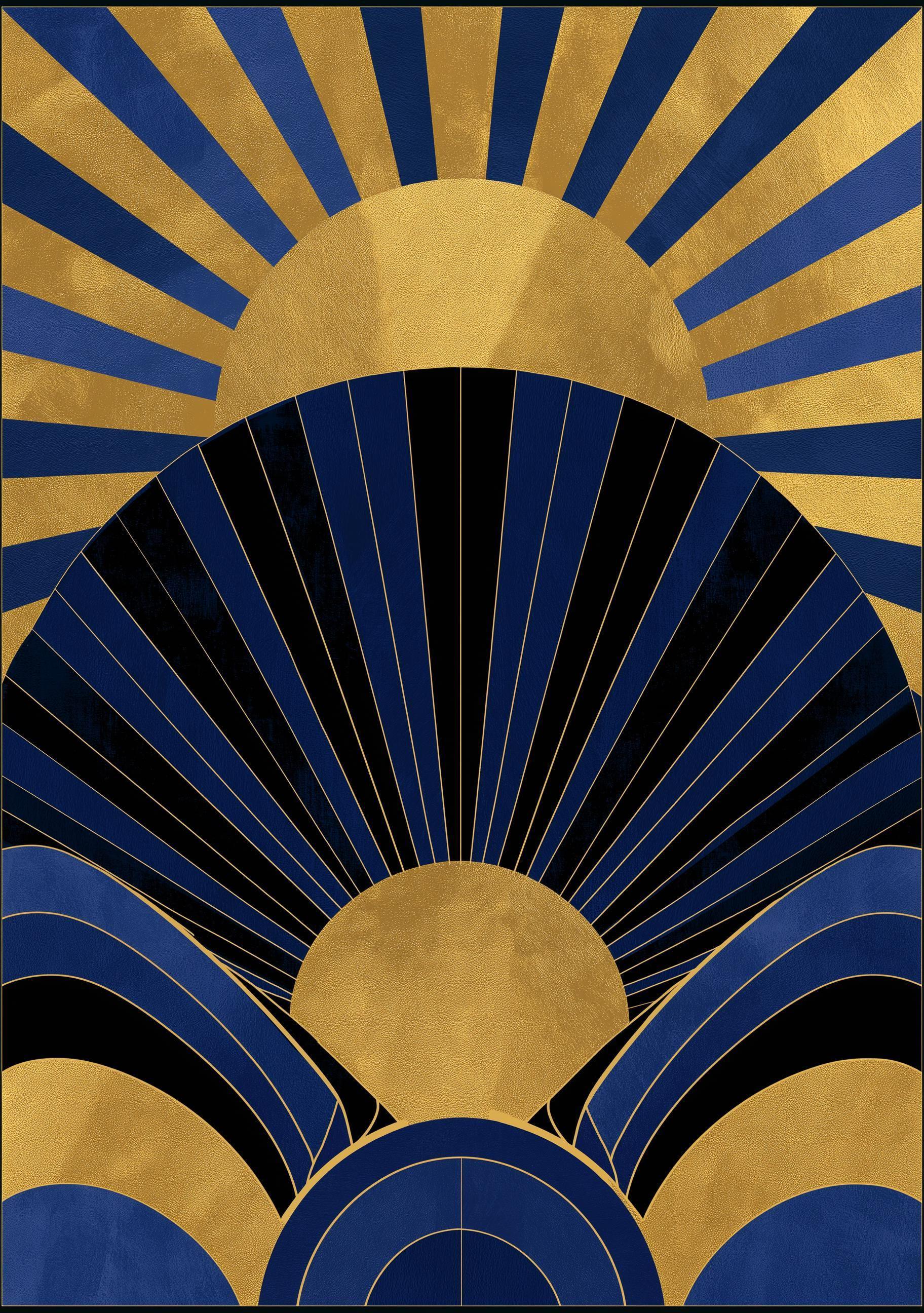 Navy Blue & Gold Neo Deco Sunburst Wall Art by The Wall Art Studio