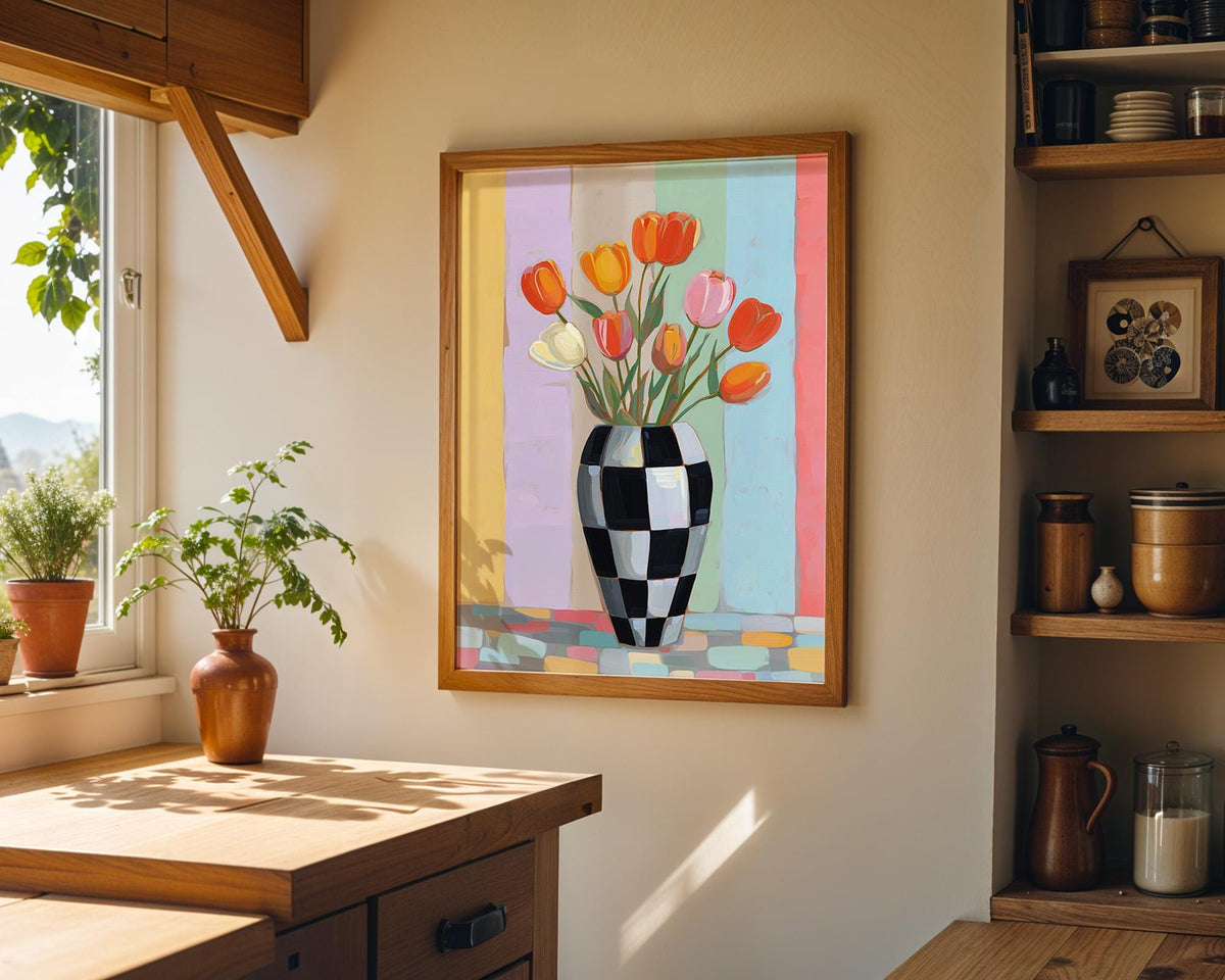 Tulip Vase Pastel Floral Painting Checkered Colorful Modern Wall Art