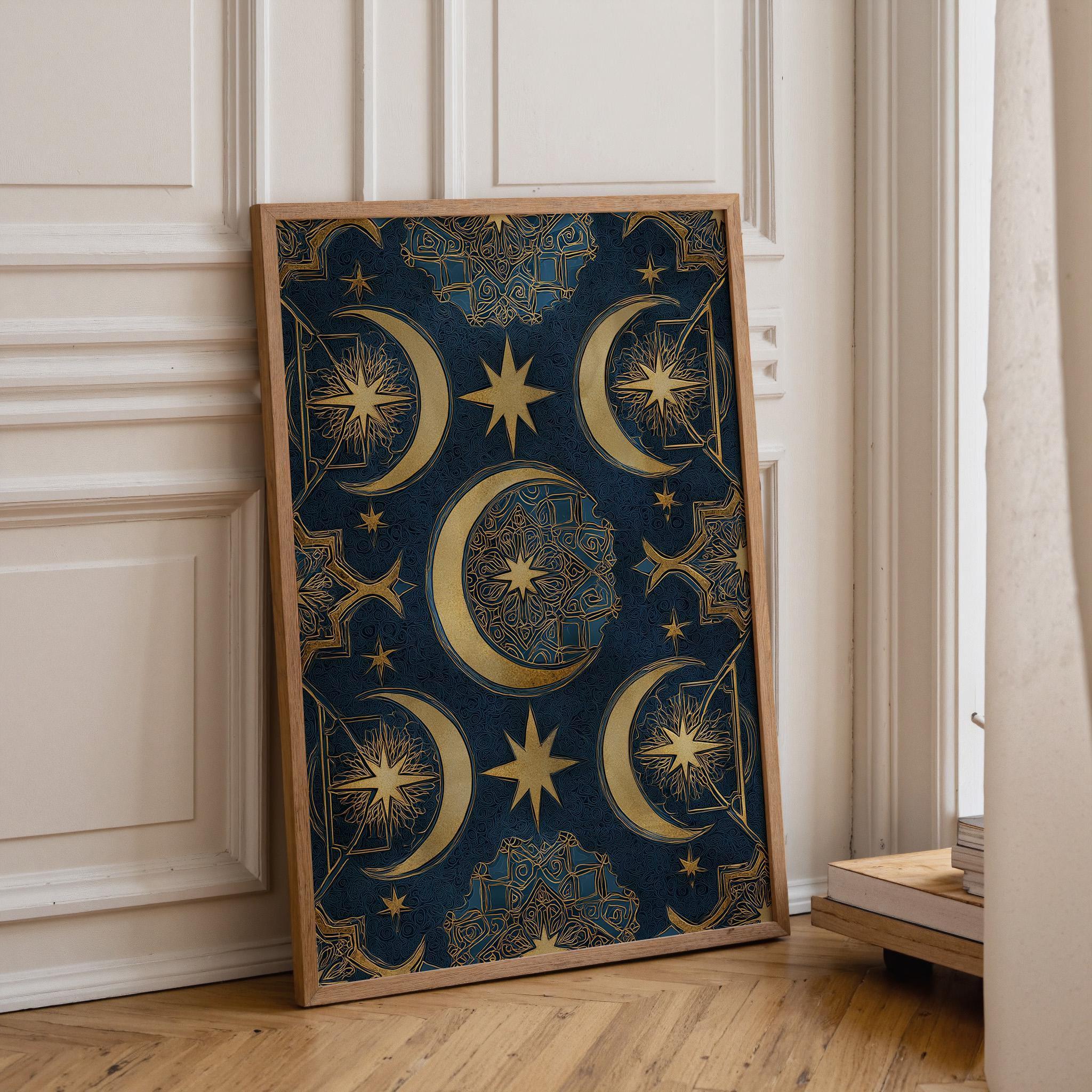 Islamic Crescent Moon Celestial Ramadan Eid Blue & Gold Wall Art by The Wall Art Studio