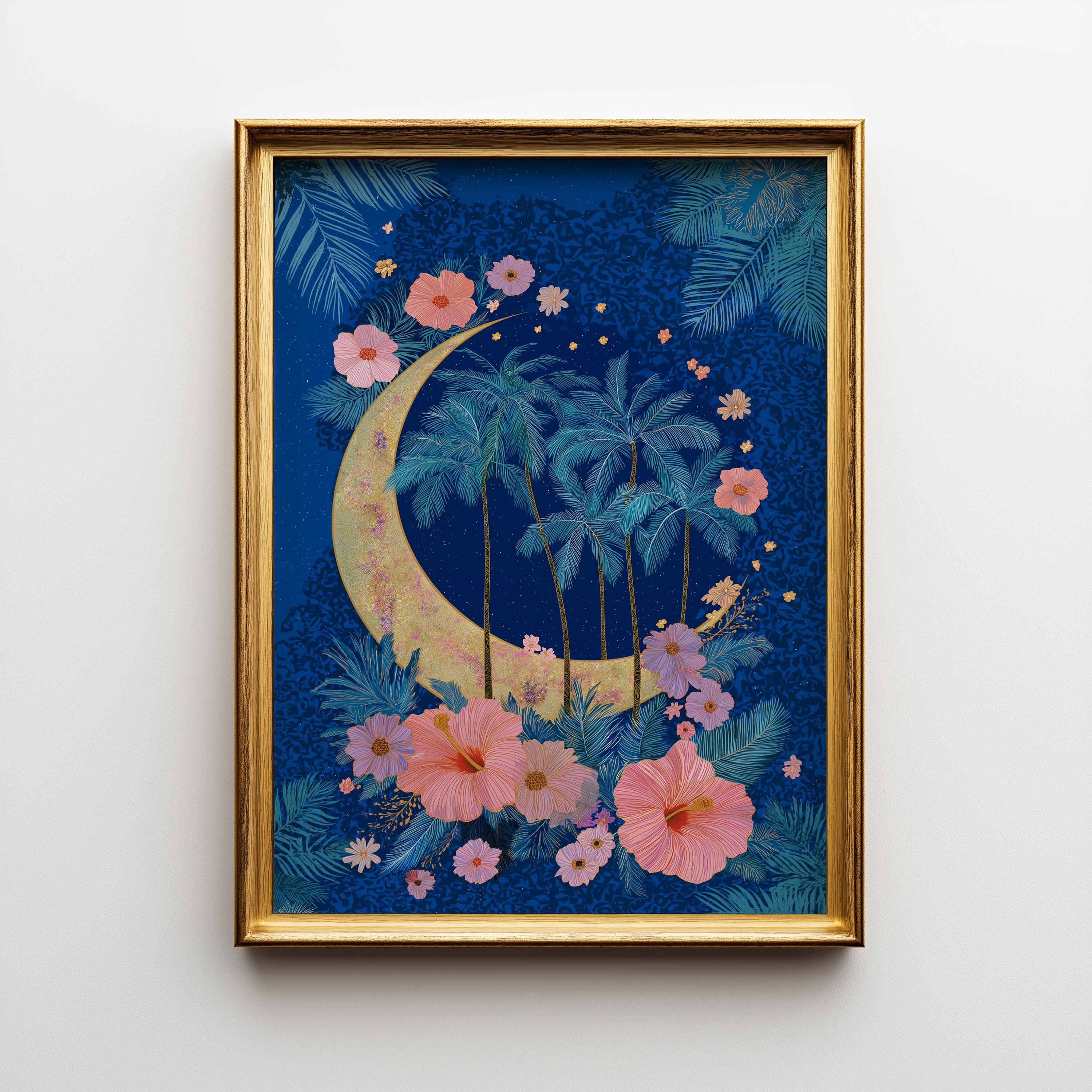 Blue Palm Tree Moon Celestial Tropical Boho Night Sky Wall Art by The Wall Art Studio