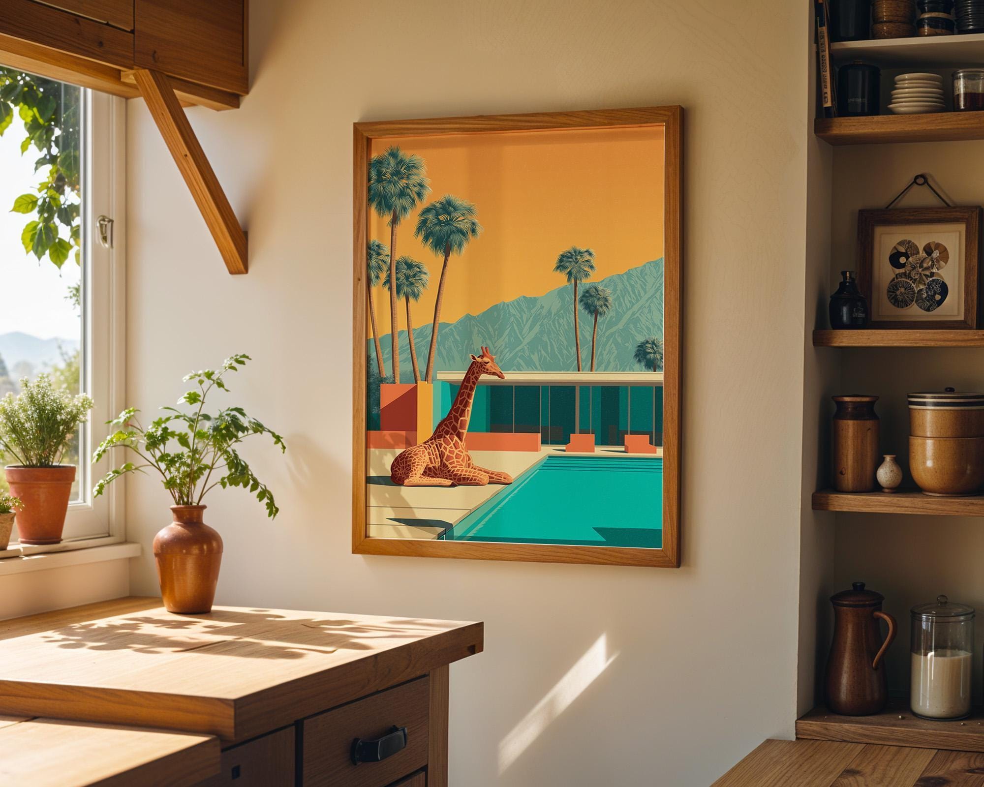Mid Century Modern Springs Giraffe in Pool Retro Desert Landscape Wall Art by The Wall Art Studio - physical