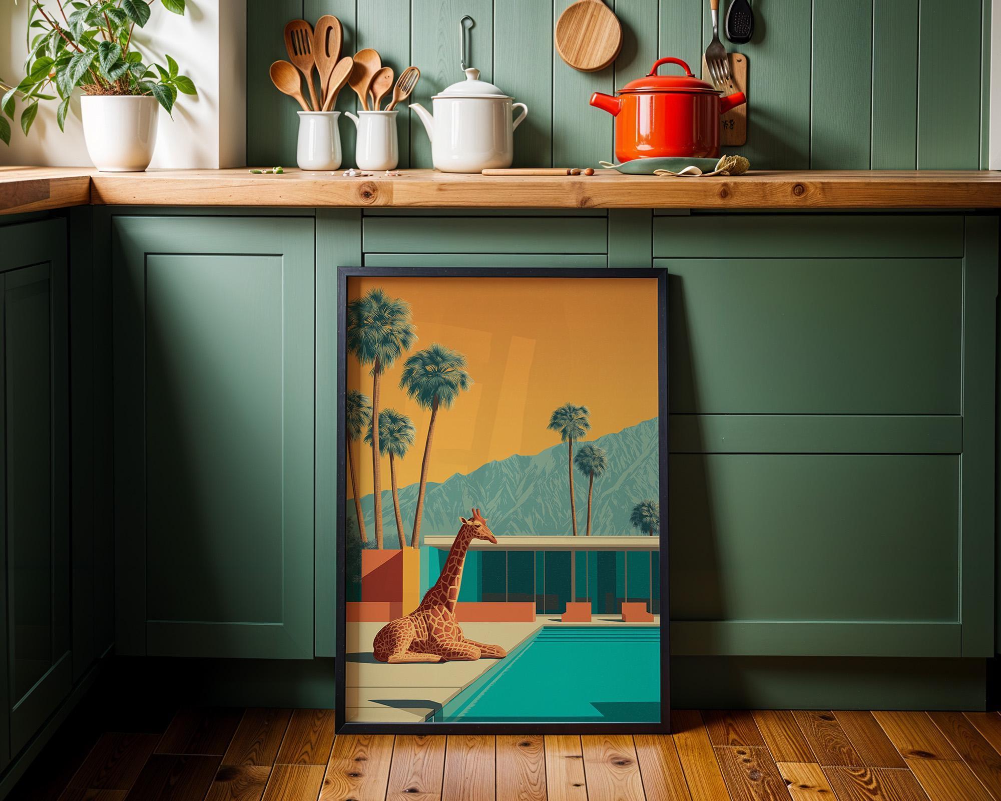 Mid Century Modern Springs Giraffe in Pool Retro Desert Landscape Wall Art by The Wall Art Studio - physical