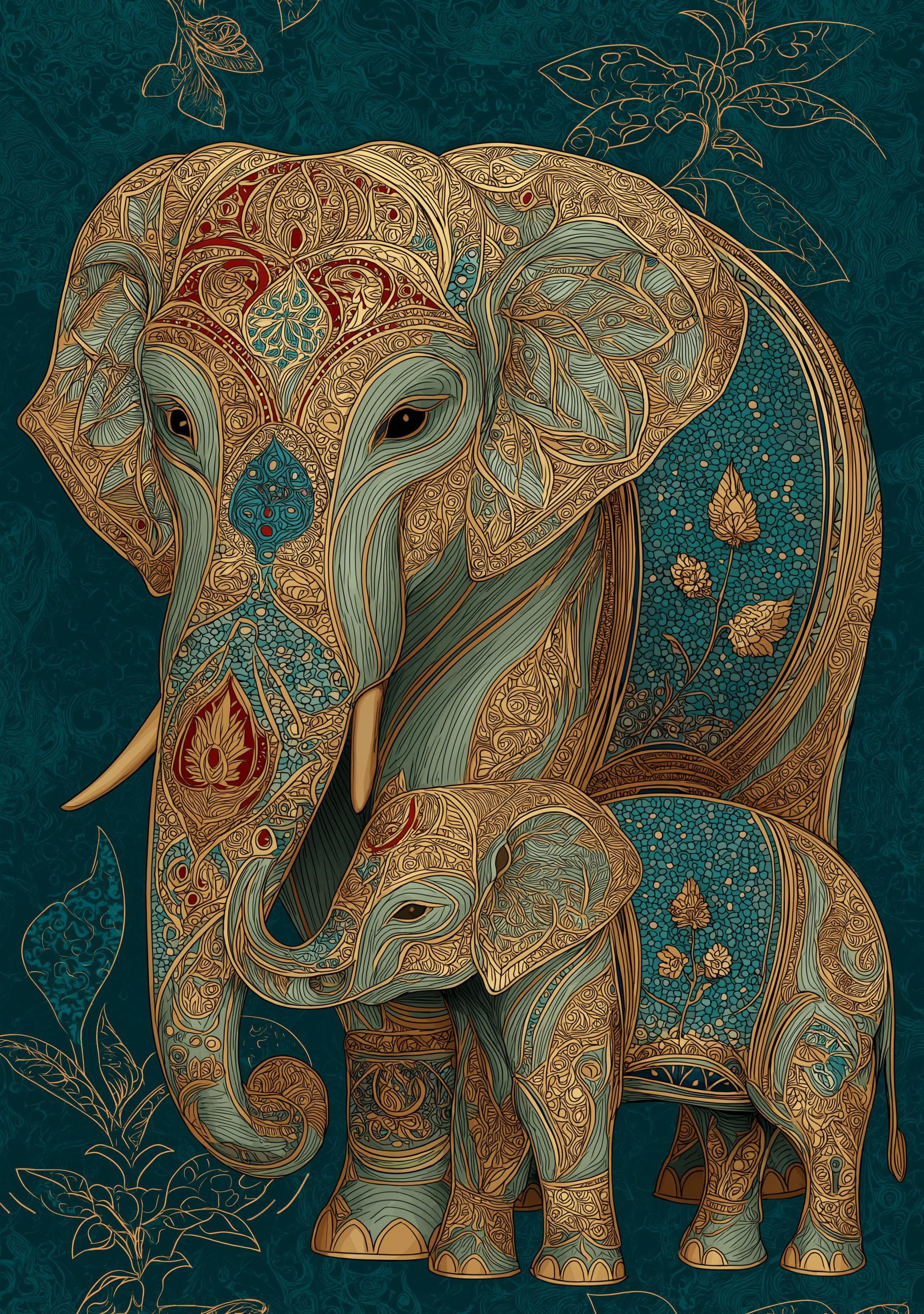 Teal Elephant Ornate Boho Safari Animal Wall Art