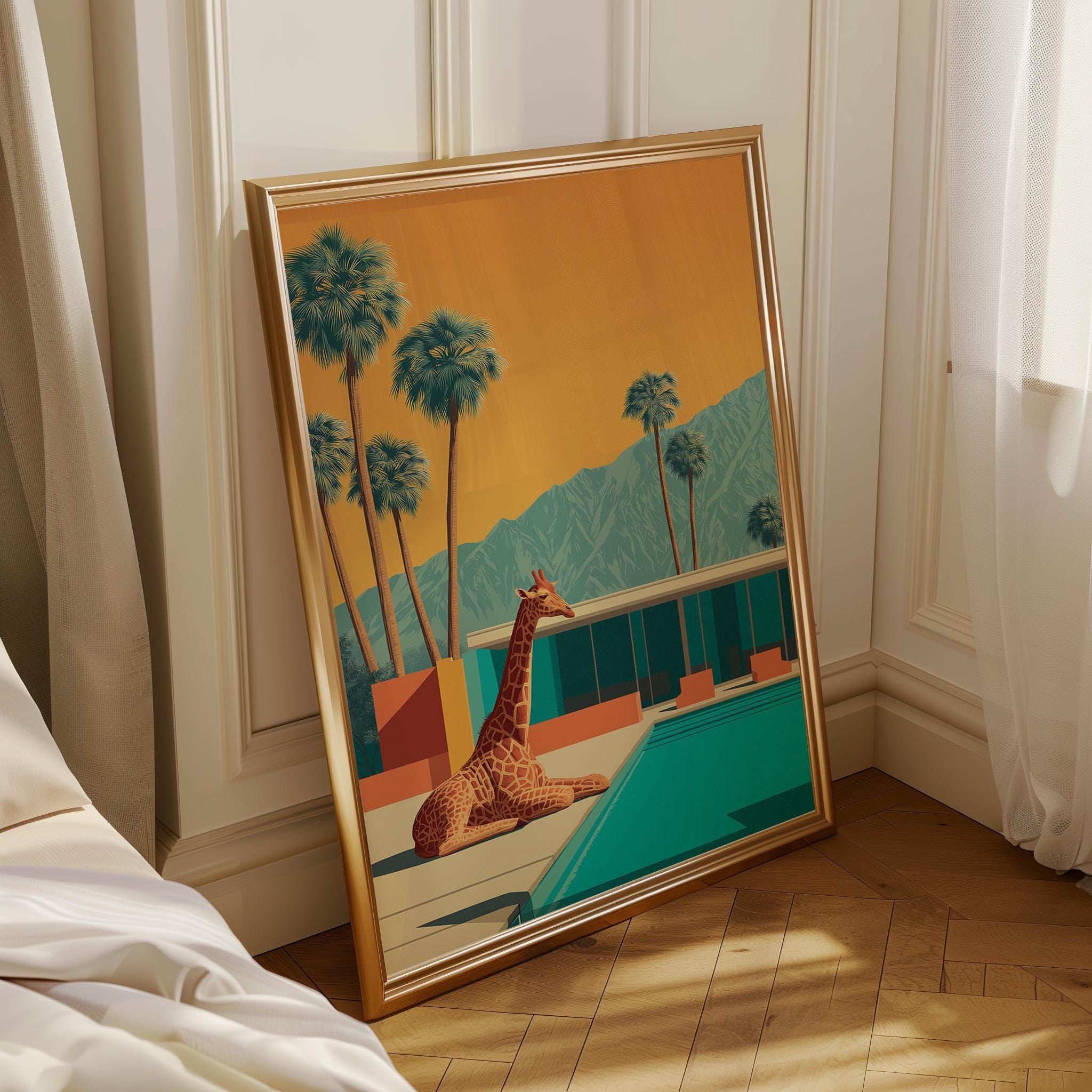 Mid Century Modern Springs Giraffe in Pool Retro Desert Landscape Wall Art by The Wall Art Studio - physical