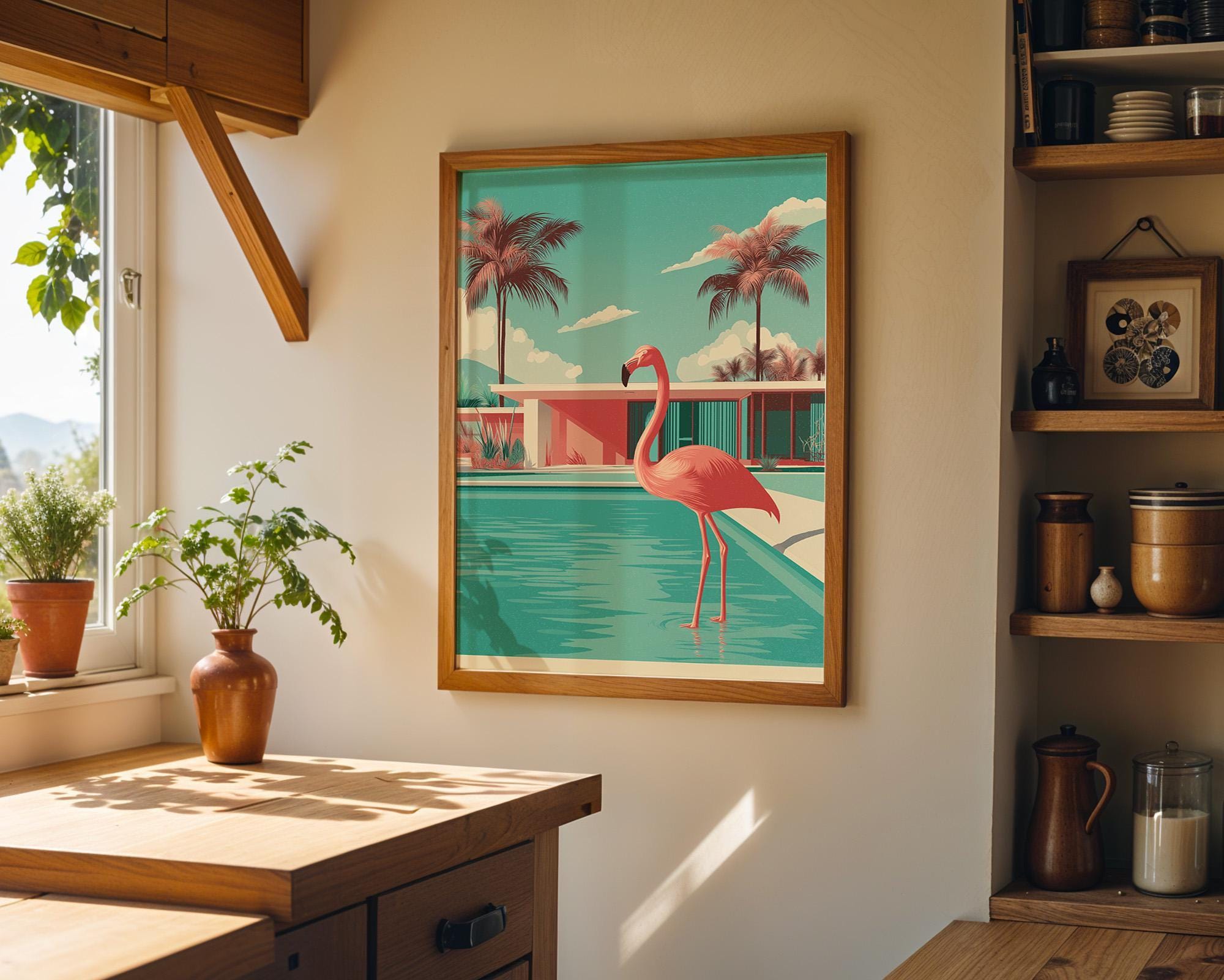 Mid Century Modern Flamingo in Pool Palm Springs Retro Wall Art by The Wall Art Studio - physical