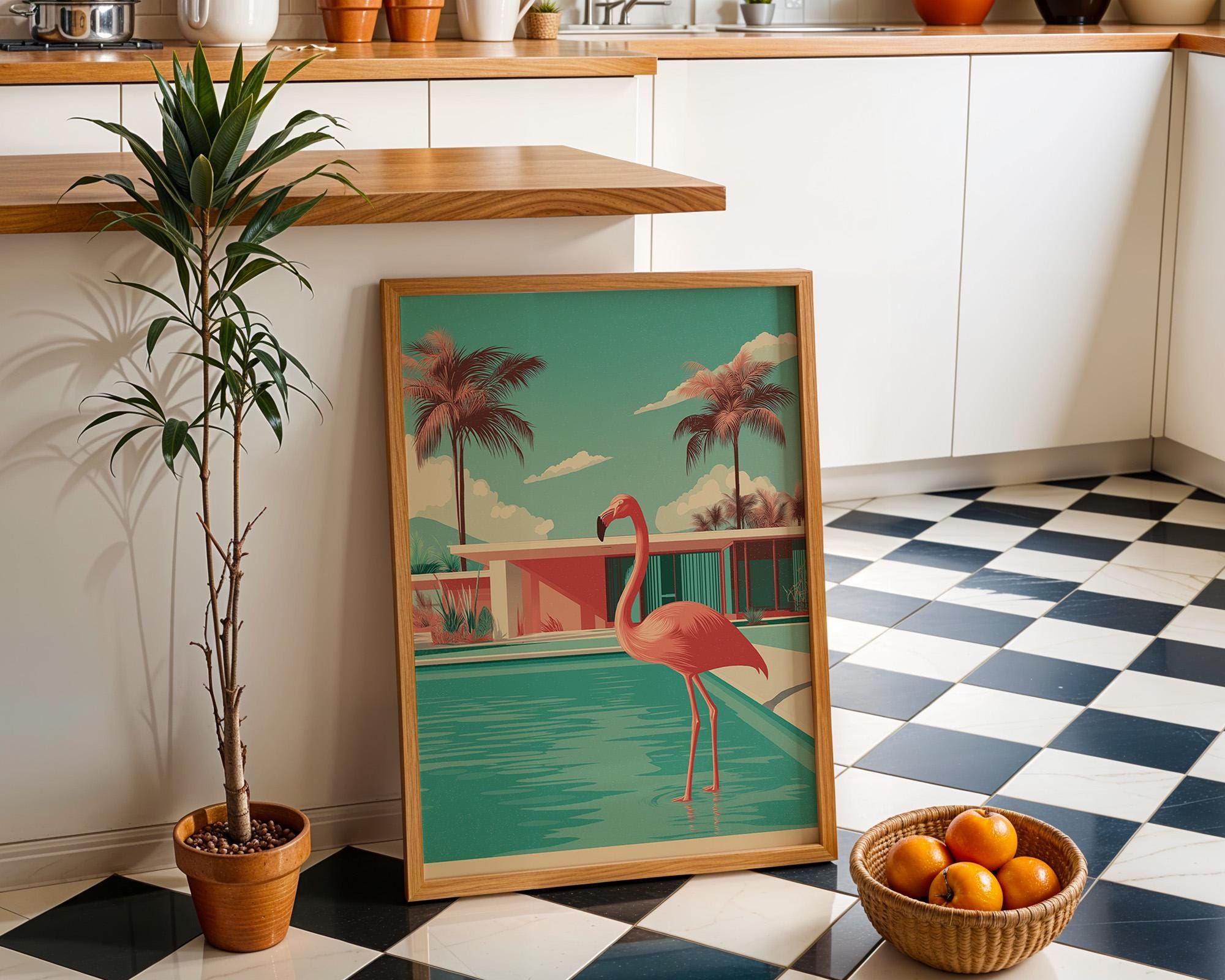 Mid Century Modern Flamingo in Pool Palm Springs Retro Wall Art by The Wall Art Studio - physical