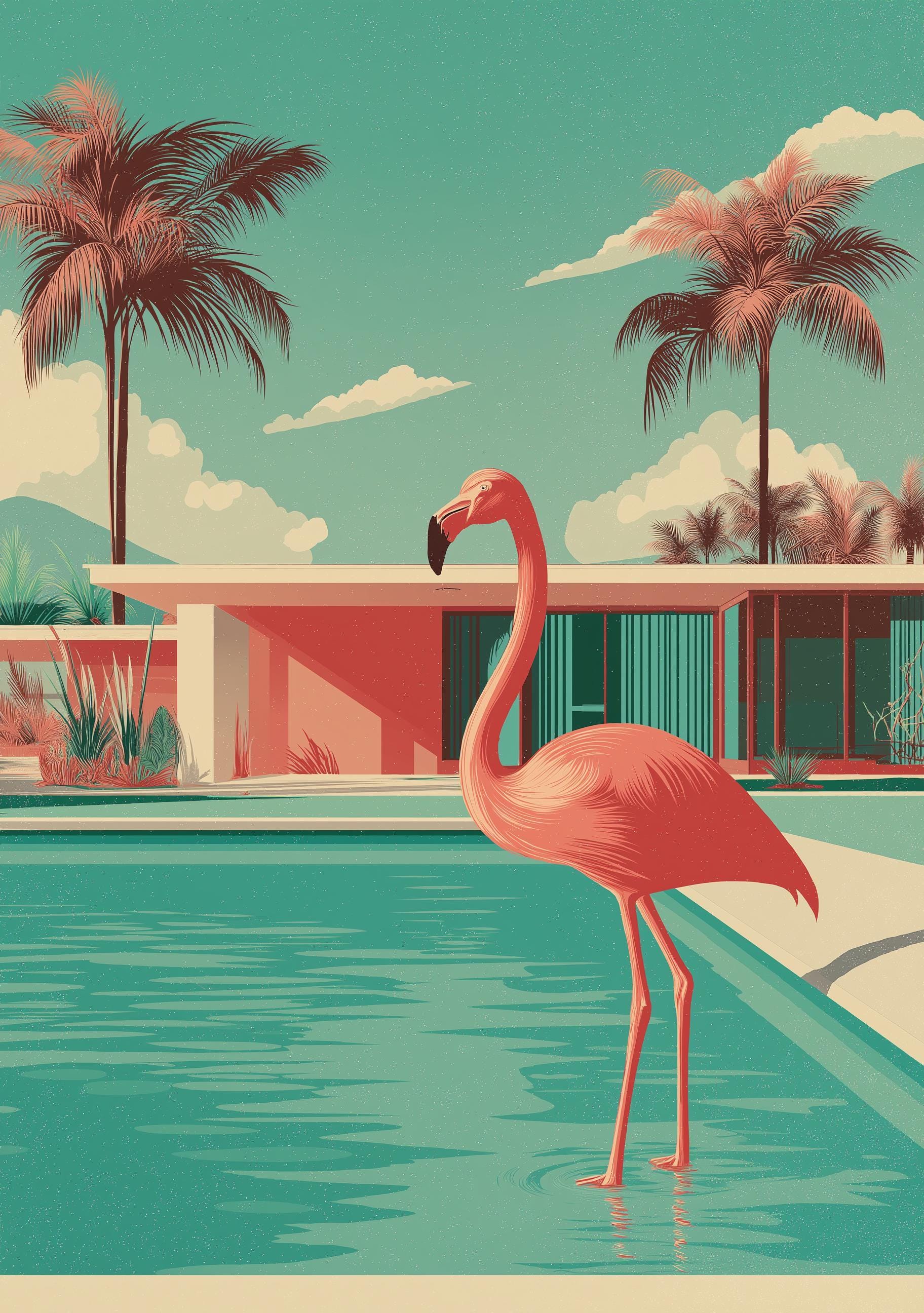 Mid Century Modern Flamingo in Pool Palm Springs Retro Wall Art by The Wall Art Studio - physical