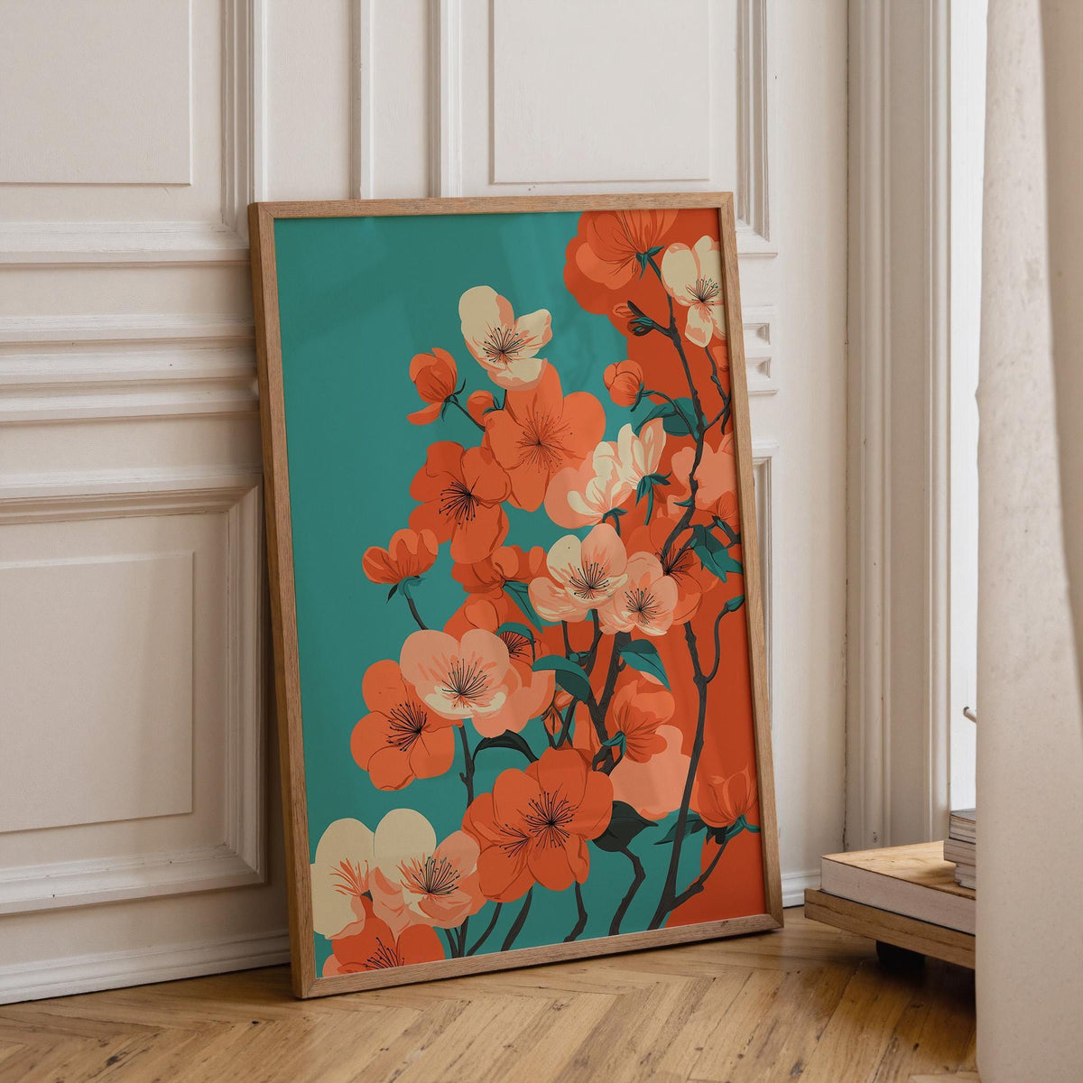 Cherry Blossom Bold Floral Teal and Orange Modern Japandi Wall Art