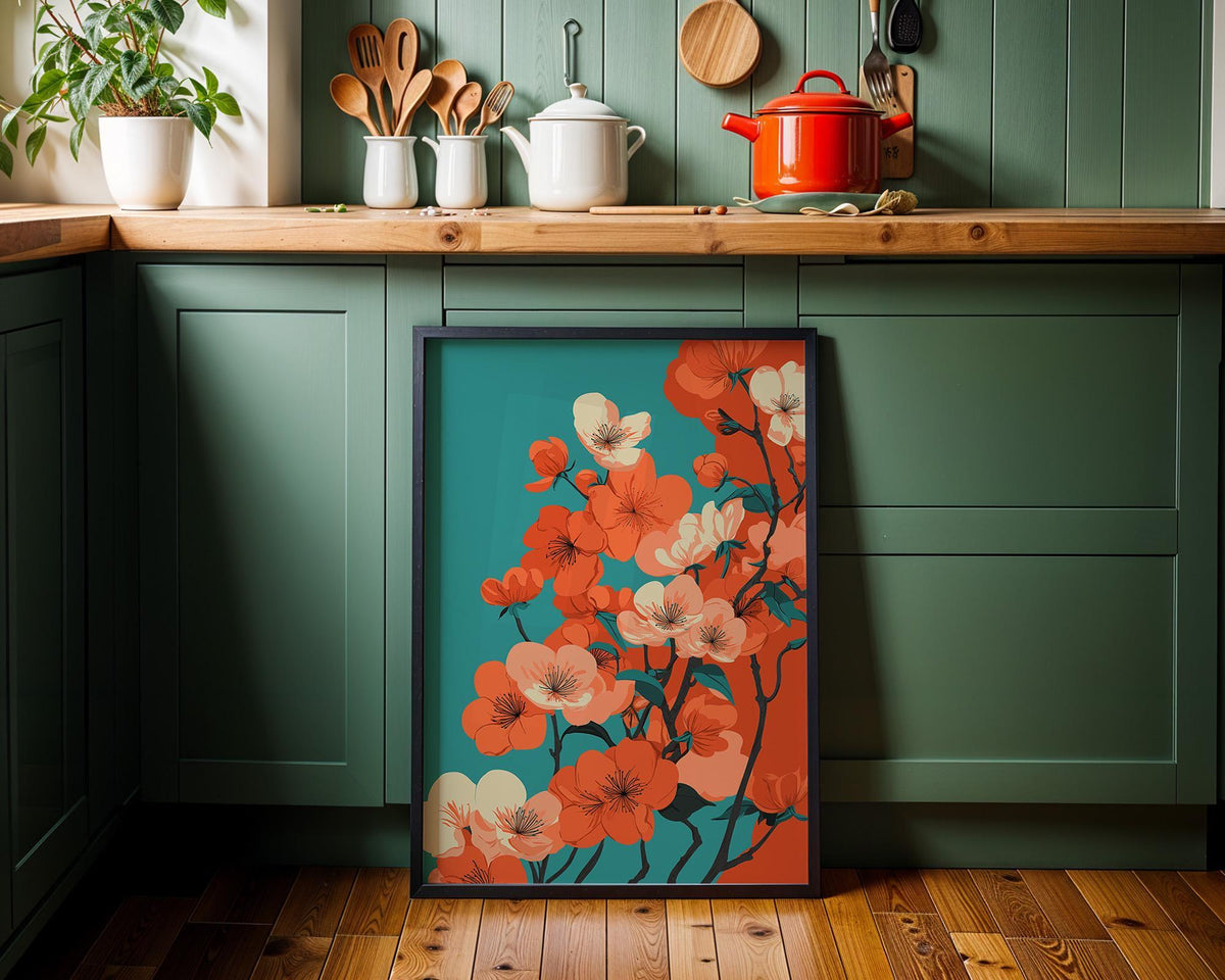 Cherry Blossom Bold Floral Teal and Orange Modern Japandi Wall Art