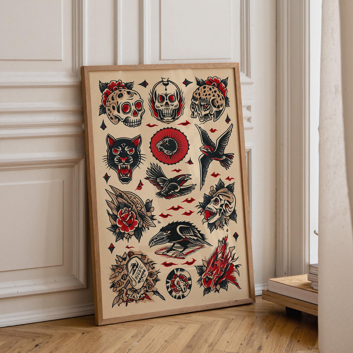 Traditional Tattoo Flash Sheet Gothic Skull and Panther Vintage Americana Wall Art