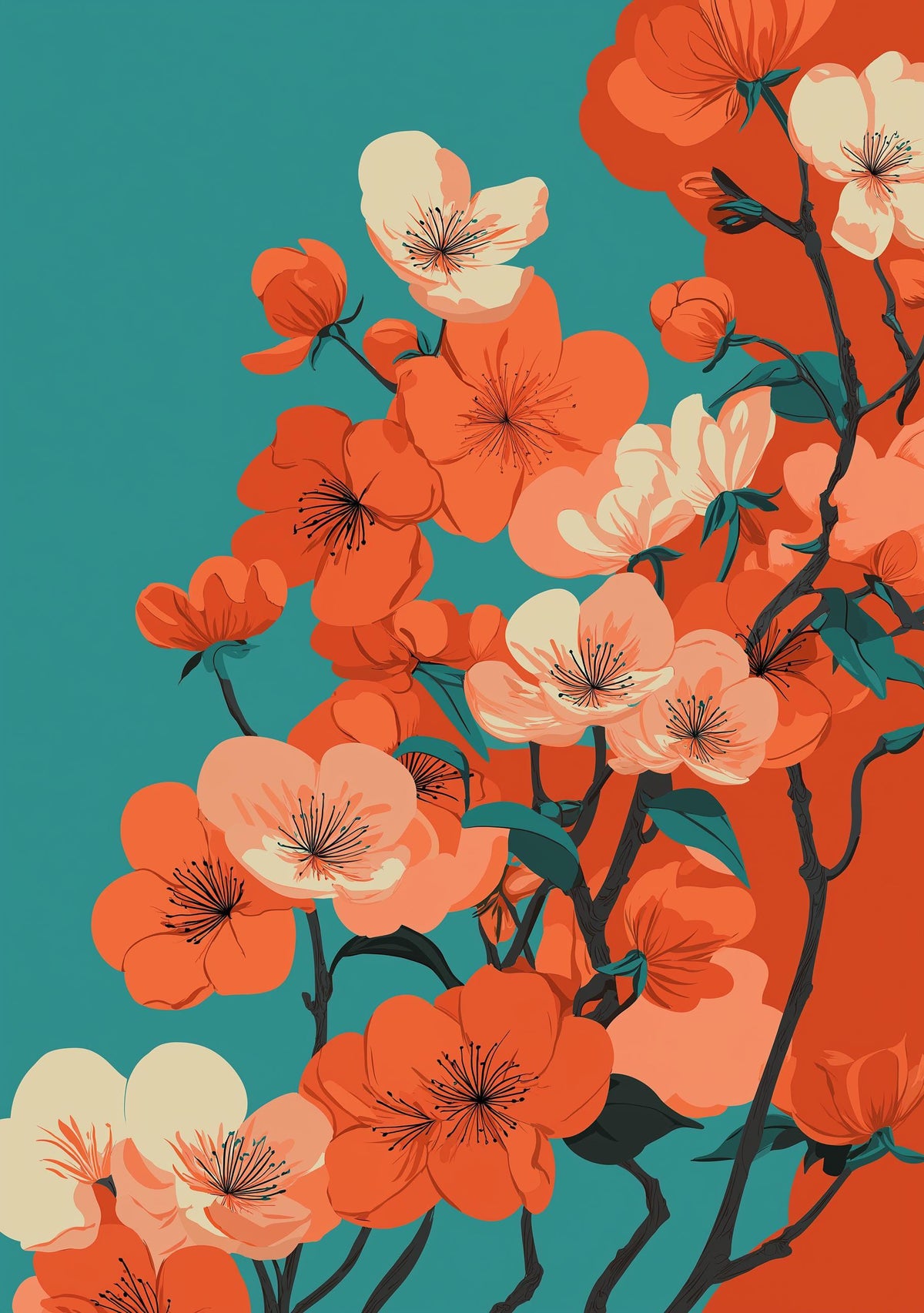 Cherry Blossom Bold Floral Teal and Orange Modern Japandi Wall Art