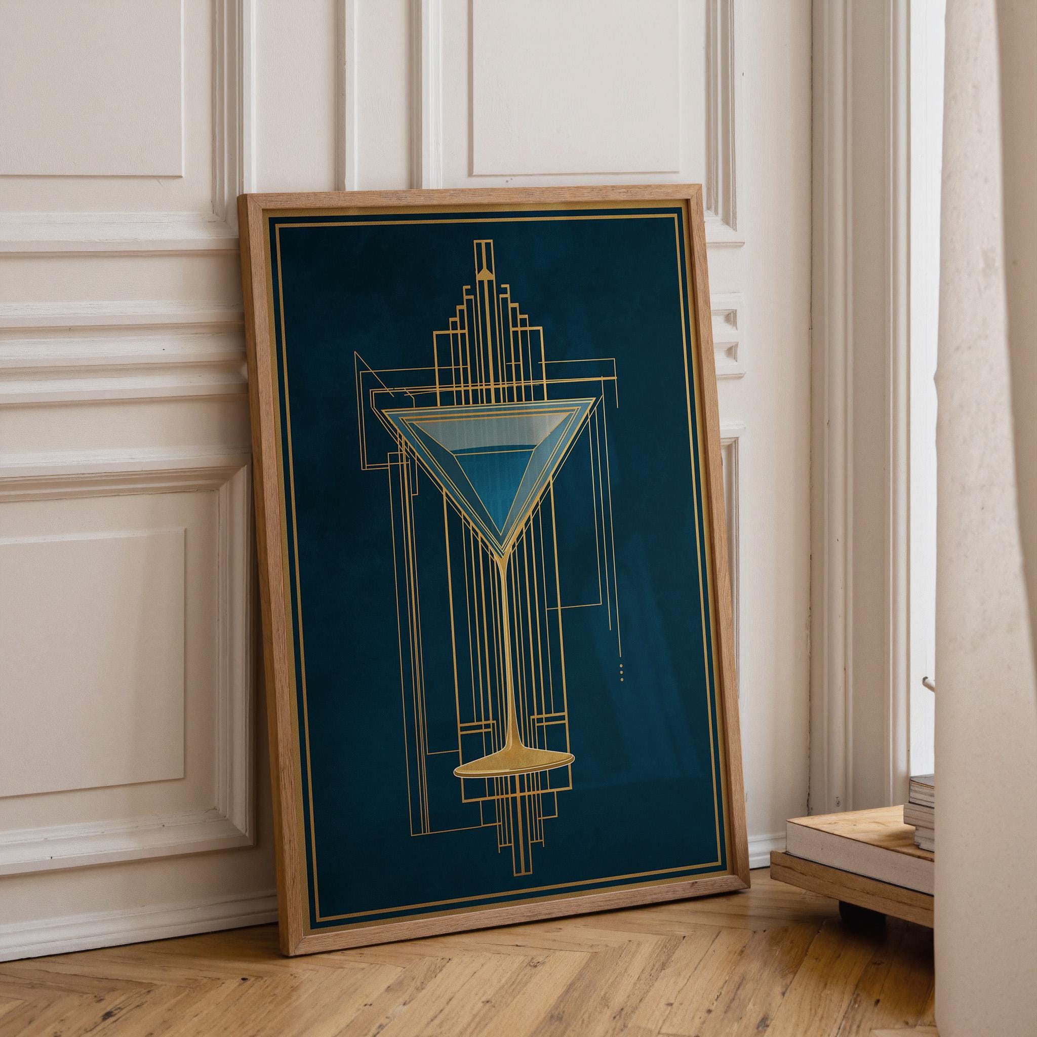 Art Deco Cocktail Wall Art Print, Minimalist Martini Illustration, Blue and Gold Bar Décor