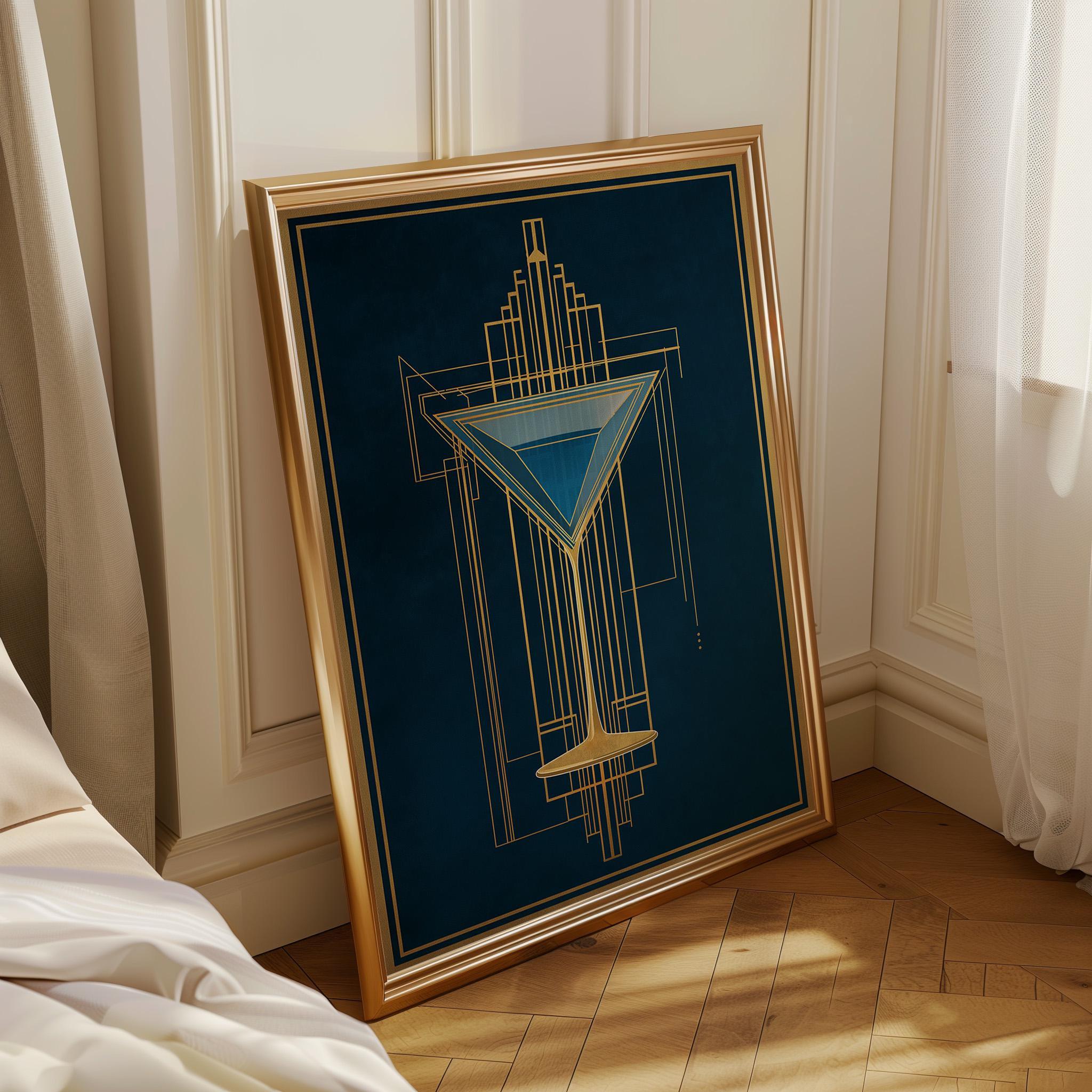Art Deco Cocktail Wall Art Print, Minimalist Martini Illustration, Blue and Gold Bar Décor