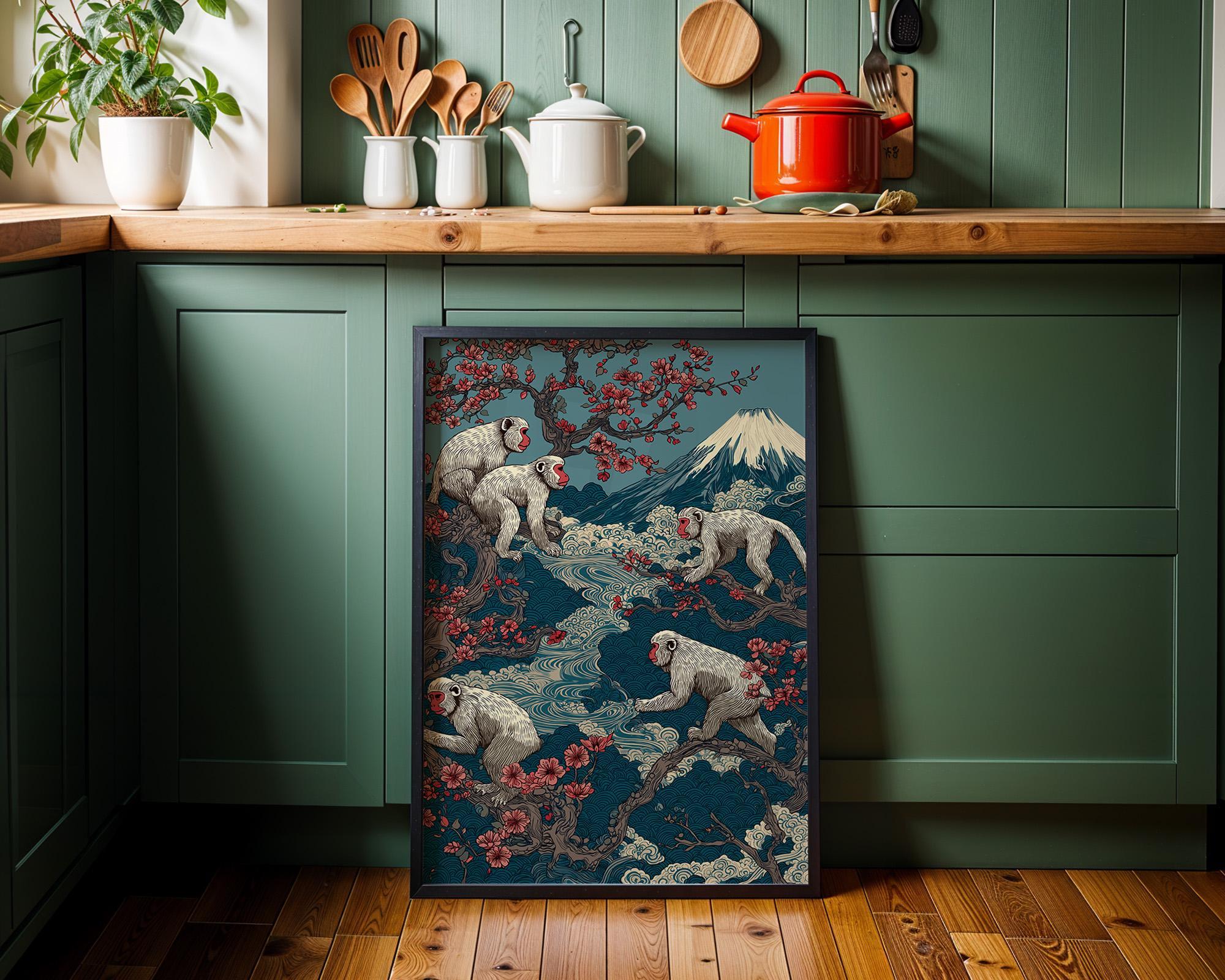 Japanese Monkey Mount Fuji Sakura Japandi Wall Art by The Wall Art Studio