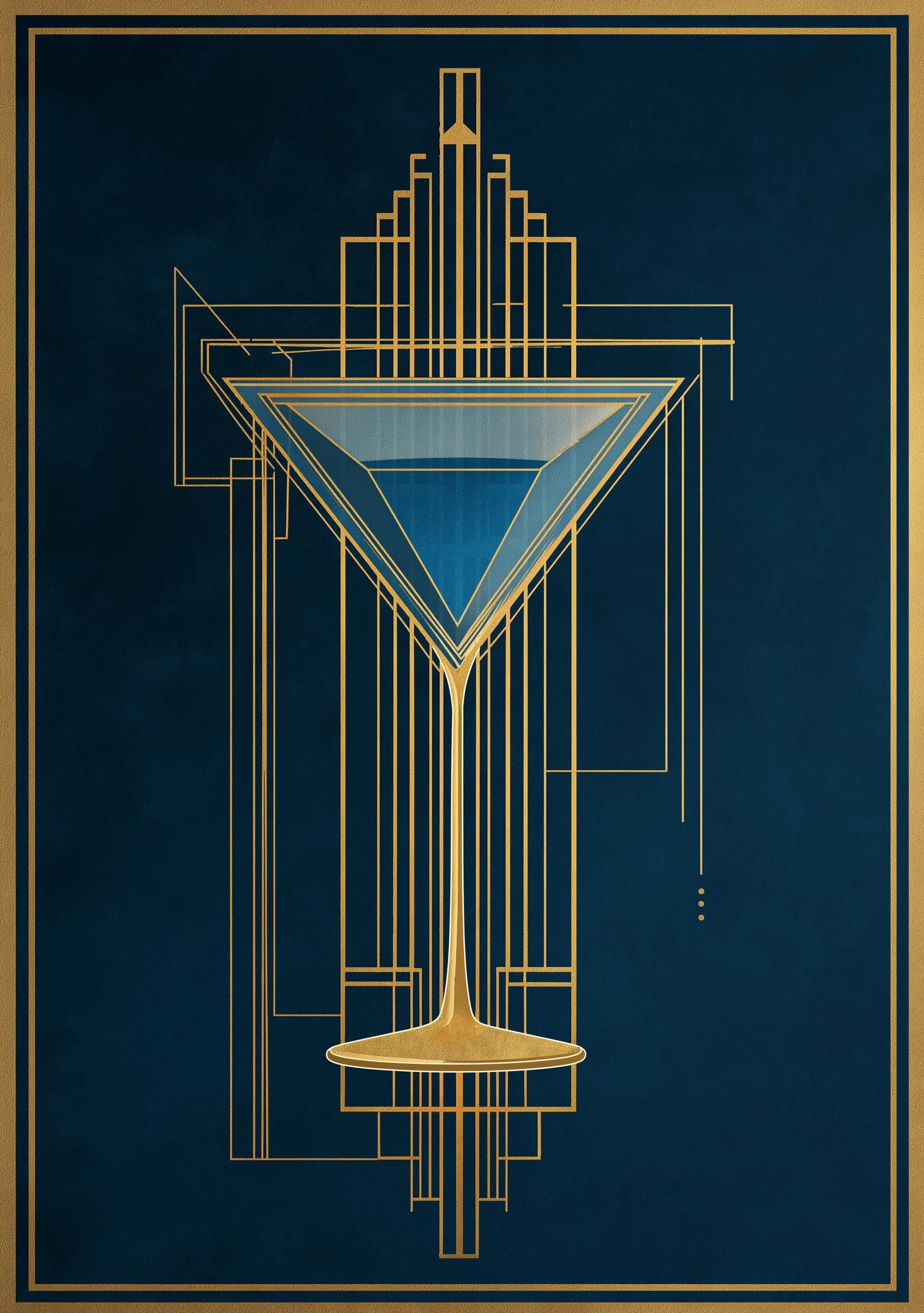 Art Deco Cocktail Wall Art Print, Minimalist Martini Illustration, Blue and Gold Bar Décor