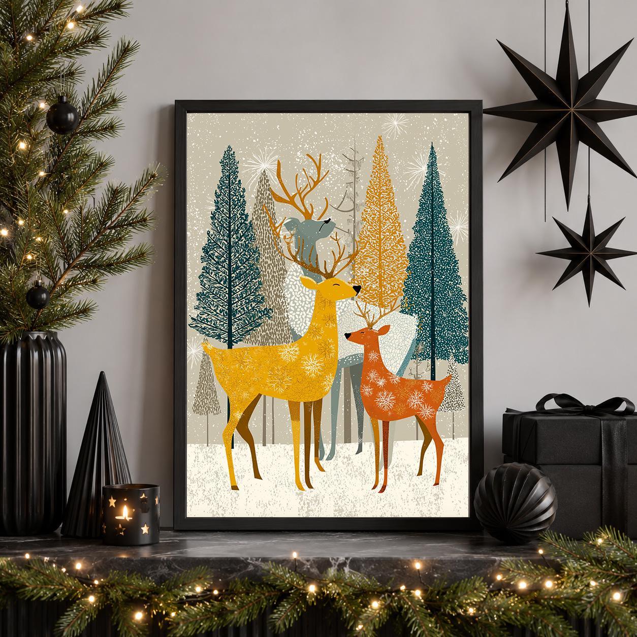 Scandinavian Christmas Reindeer Mid Century Winter Woodland Wall Art by The Wall Art Studio