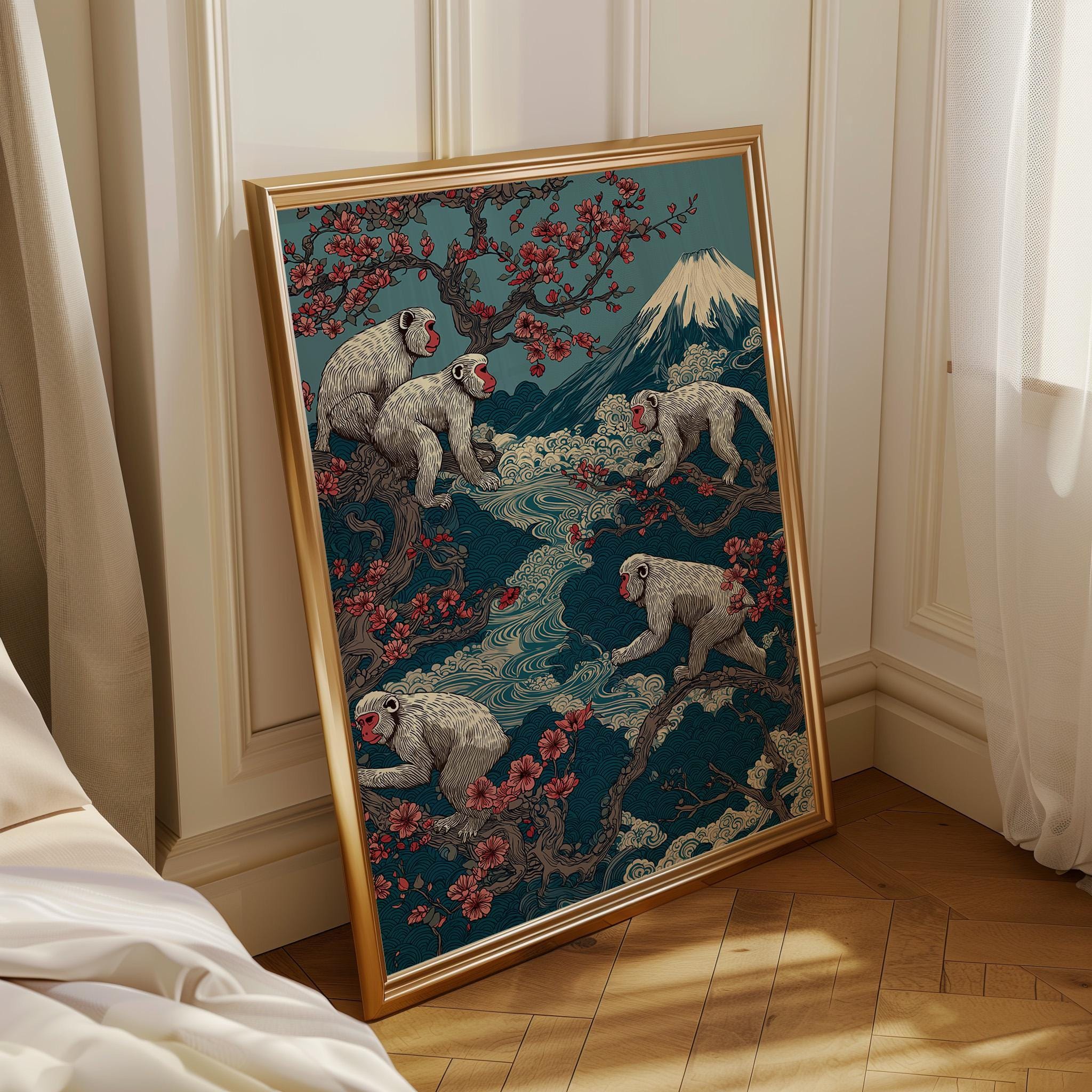 Japanese Monkey Mount Fuji Sakura Japandi Wall Art by The Wall Art Studio
