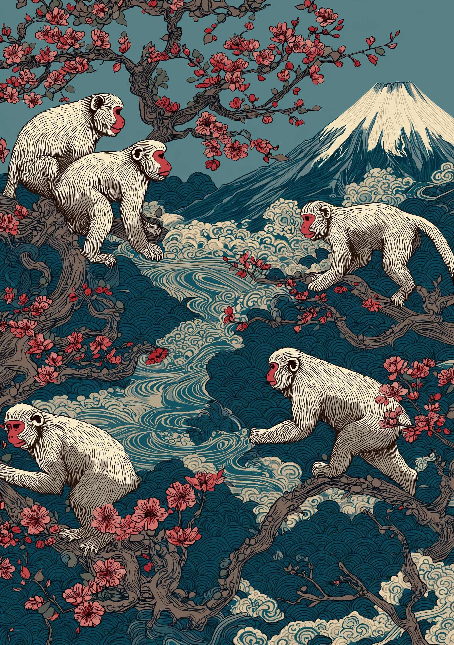 Japanese Monkey Mount Fuji Sakura Japandi Wall Art by The Wall Art Studio