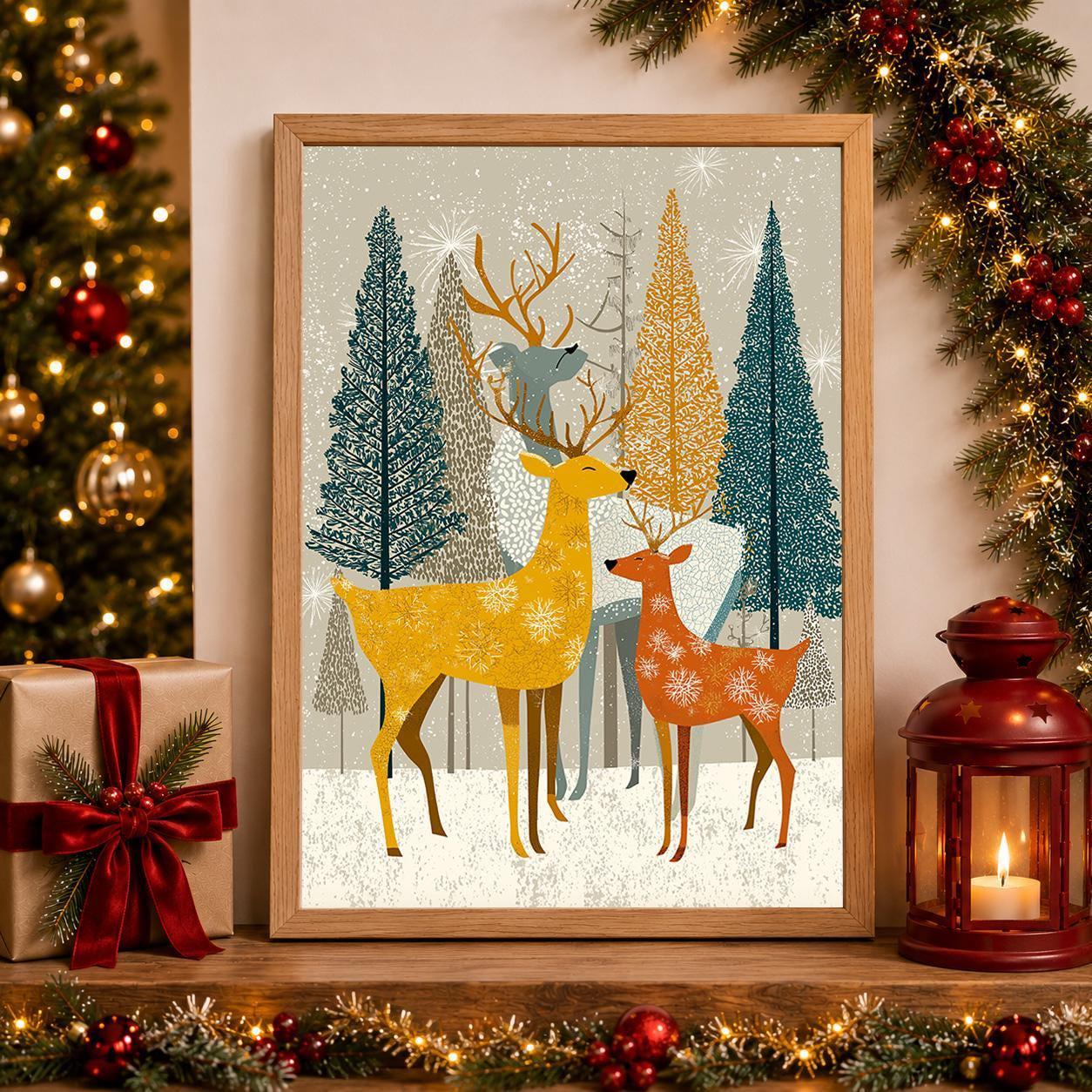 Scandinavian Christmas Reindeer Mid Century Winter Woodland Wall Art by The Wall Art Studio