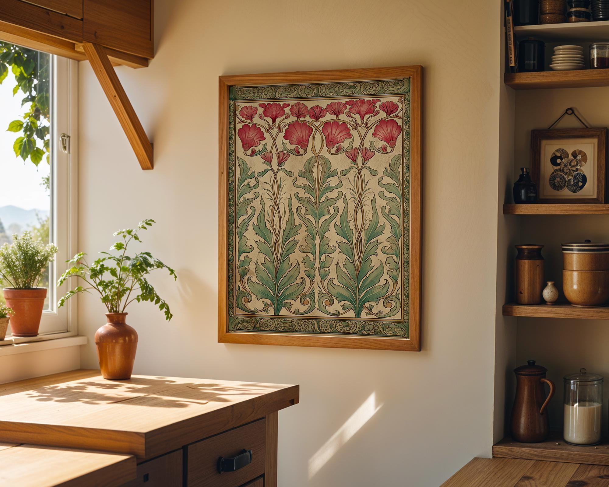 Art Nouveau Red Thistle Botanical William Morris Style Floral Wall Art