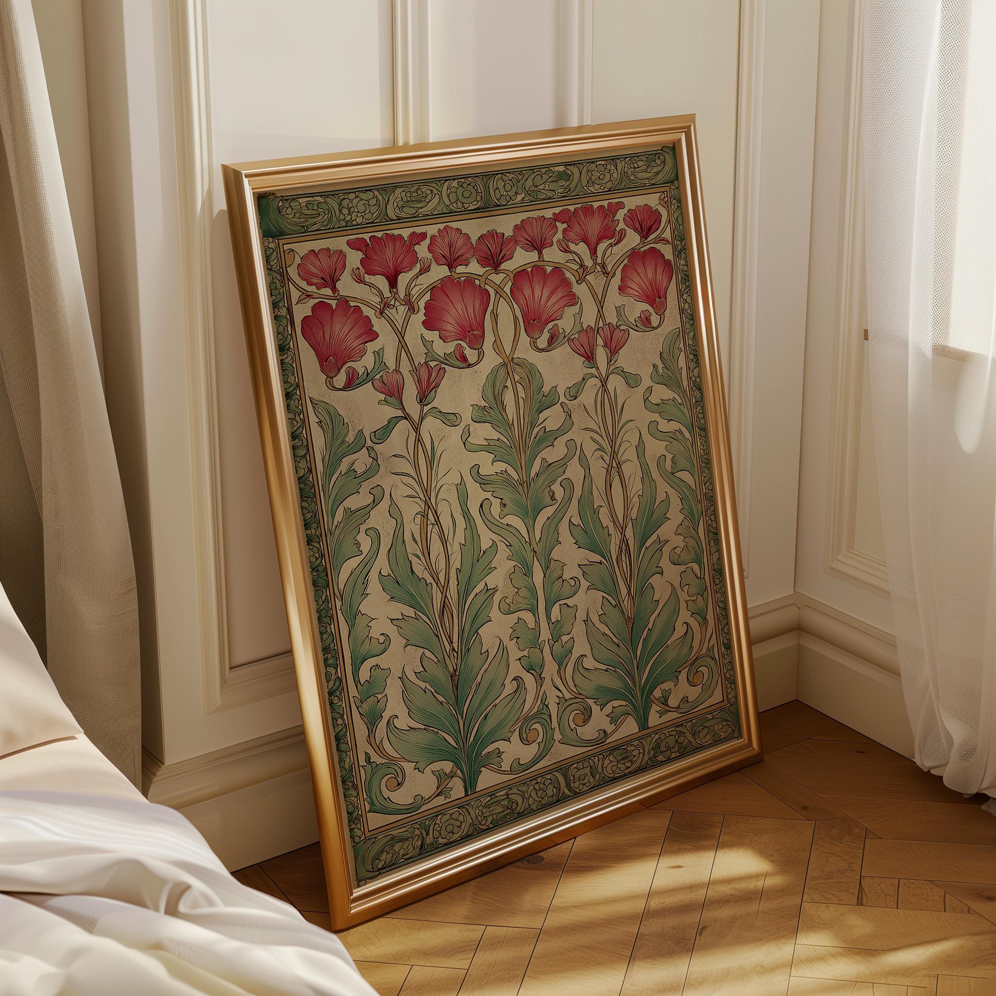 Art Nouveau Red Thistle Botanical William Morris Style Floral Wall Art